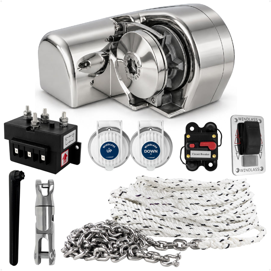 Windlass Kit - Atlantic 900 Series Horizontal, 900W, 12V, with Anchor Rode Stainless Steel Chain & Swivel