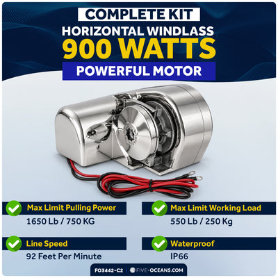 Windlass Kit - Atlantic 900 Series Horizontal, 900W, 12V, with Anchor Rode Stainless Steel Chain & Swivel