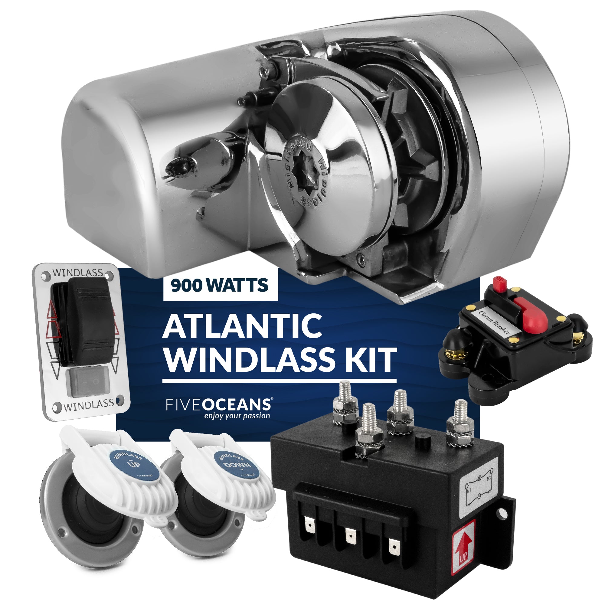 Atlantic Windlass Kit, 5/16" HTG4 Chain - 9/16" Rope, Horizontal 900 Watts, 12V DC - FO3442