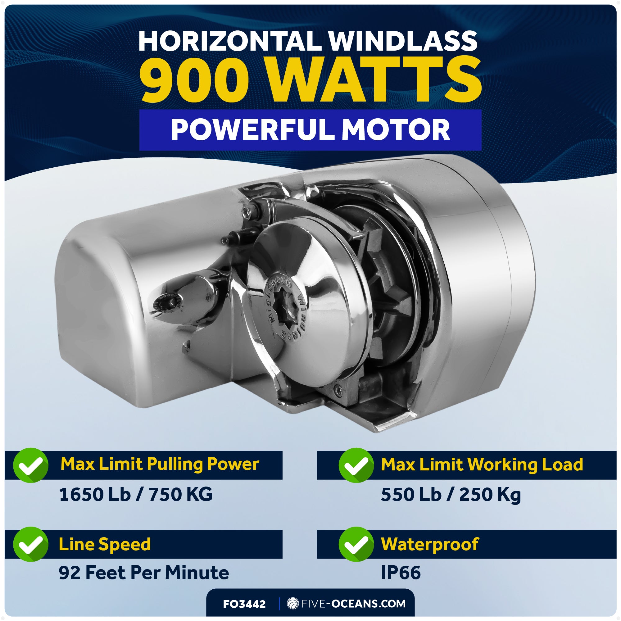 Atlantic Windlass Kit - 5/16" HTG4 Chain & 9/16" Rope, Horizontal 900W 12VDC - FO3442