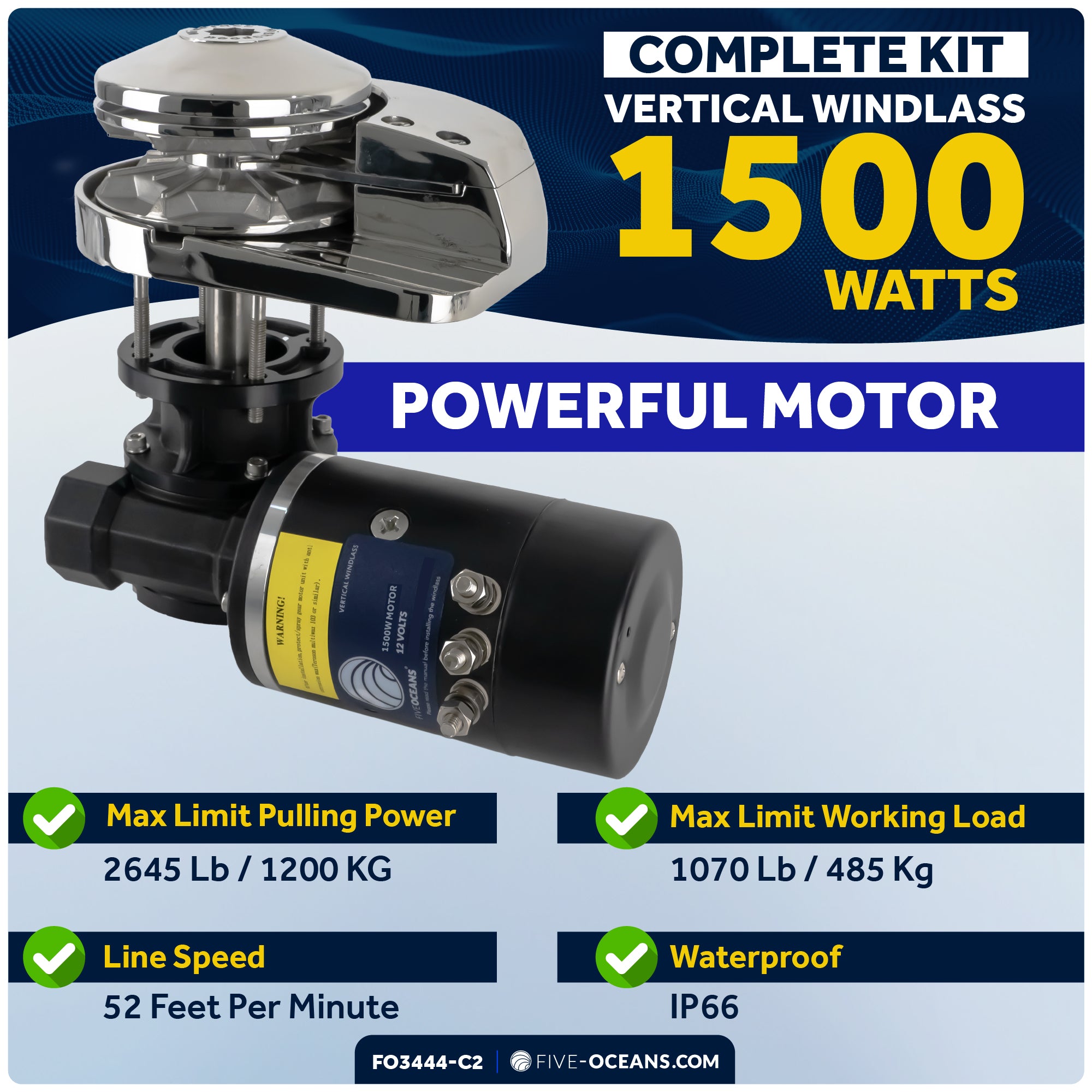 Pacific Windlass Kit, Vertical 1500 Watts, 12V DC, 5/8" x 200' 3-Strand Rope, 3/8" x 20' Stainless Steel HT G4 Chain, Swivel and Shackle - FO3444-C2