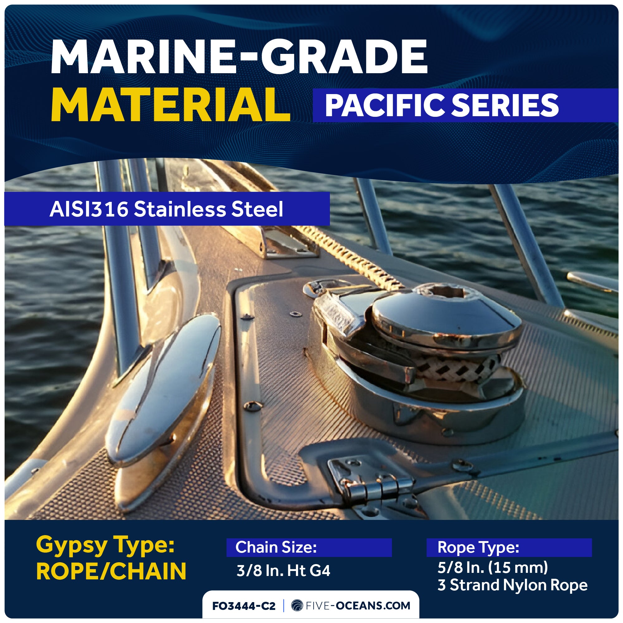 Pacific Windlass Kit, Vertical 1500 Watts, 12V DC, 5/8" x 200' 3-Strand Rope, 3/8" x 20' Stainless Steel HT G4 Chain, Swivel and Shackle - FO3444-C2