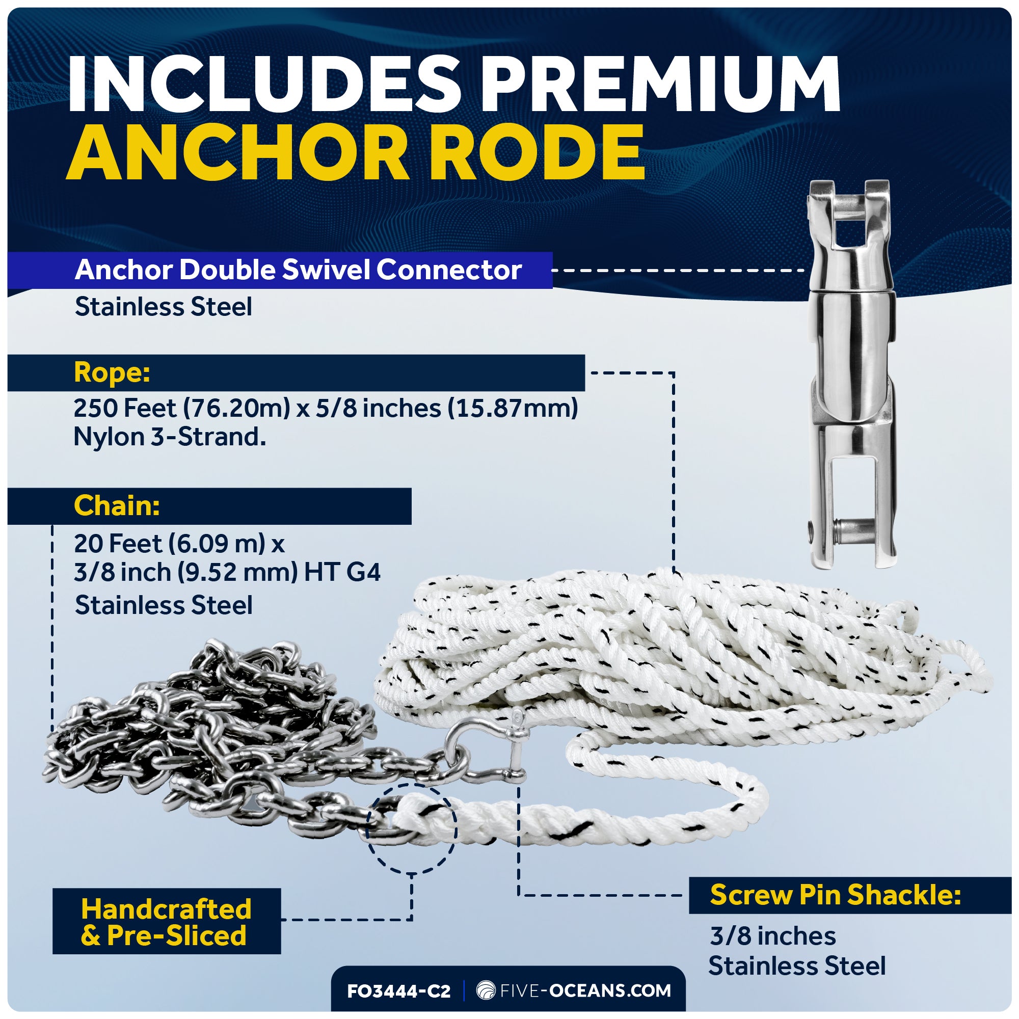 Pacific Windlass Kit, Vertical 1500 Watts, 12V DC, 5/8" x 200' 3-Strand Rope, 3/8" x 20' Stainless Steel HT G4 Chain, Swivel and Shackle - FO3444-C2