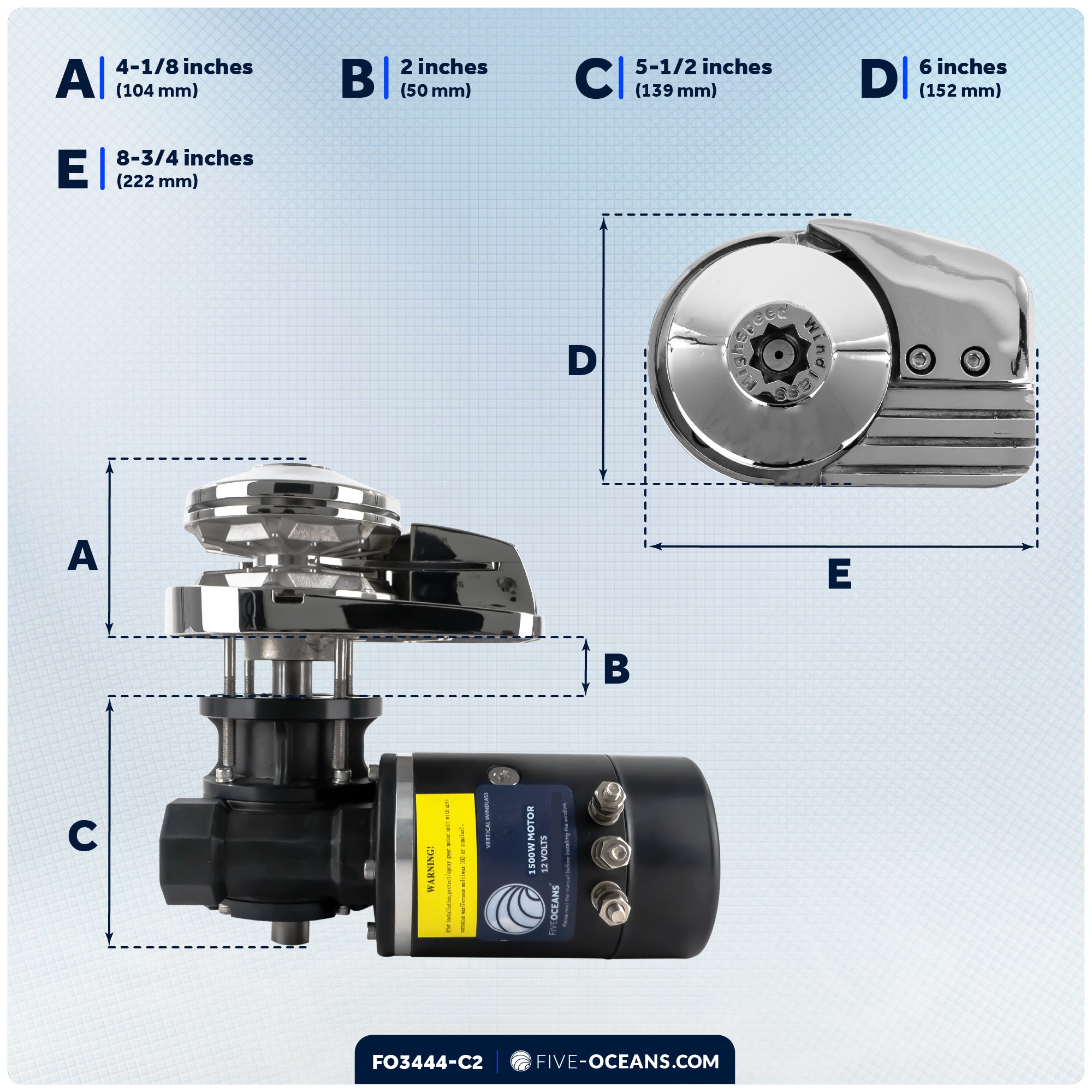 Pacific Windlass Kit, Vertical 1500 Watts, 12V DC, 5/8" x 200' 3-Strand Rope, 3/8" x 20' Stainless Steel HT G4 Chain, Swivel and Shackle - FO3444-C2
