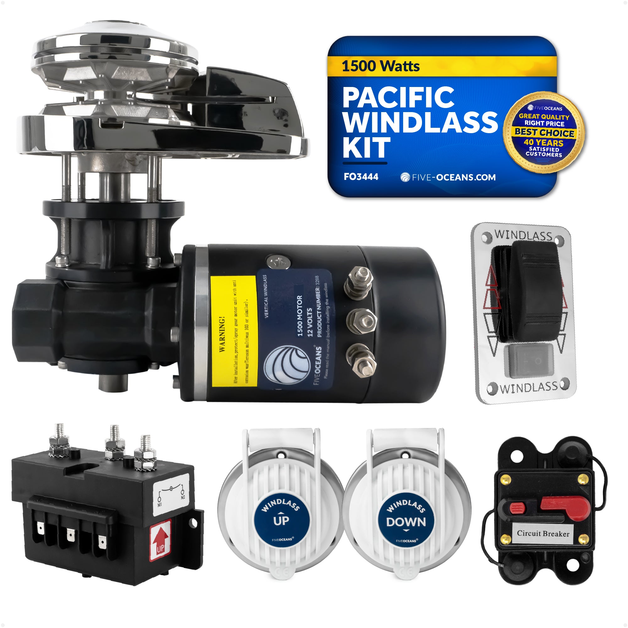 Pacific Windlass Kit - Compatible with 3/8" HTG4 Chain & 5/8" Rope, Vertical 1500W 12V DC - FO3444