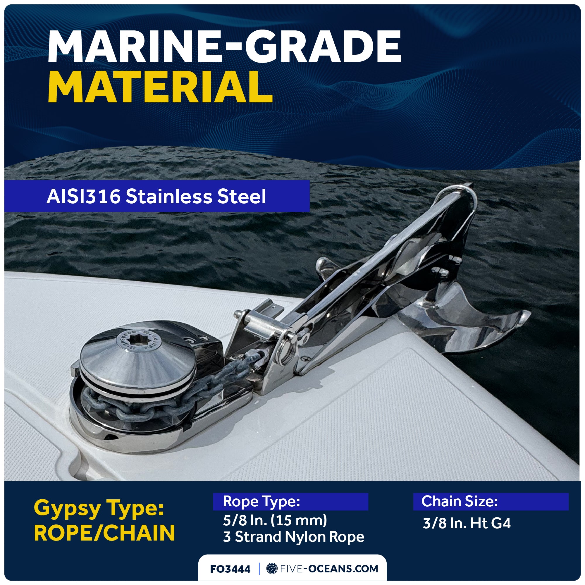 Pacific Windlass Kit - Compatible with 3/8" HTG4 Chain & 5/8" Rope, Vertical 1500W 12V DC - FO3444