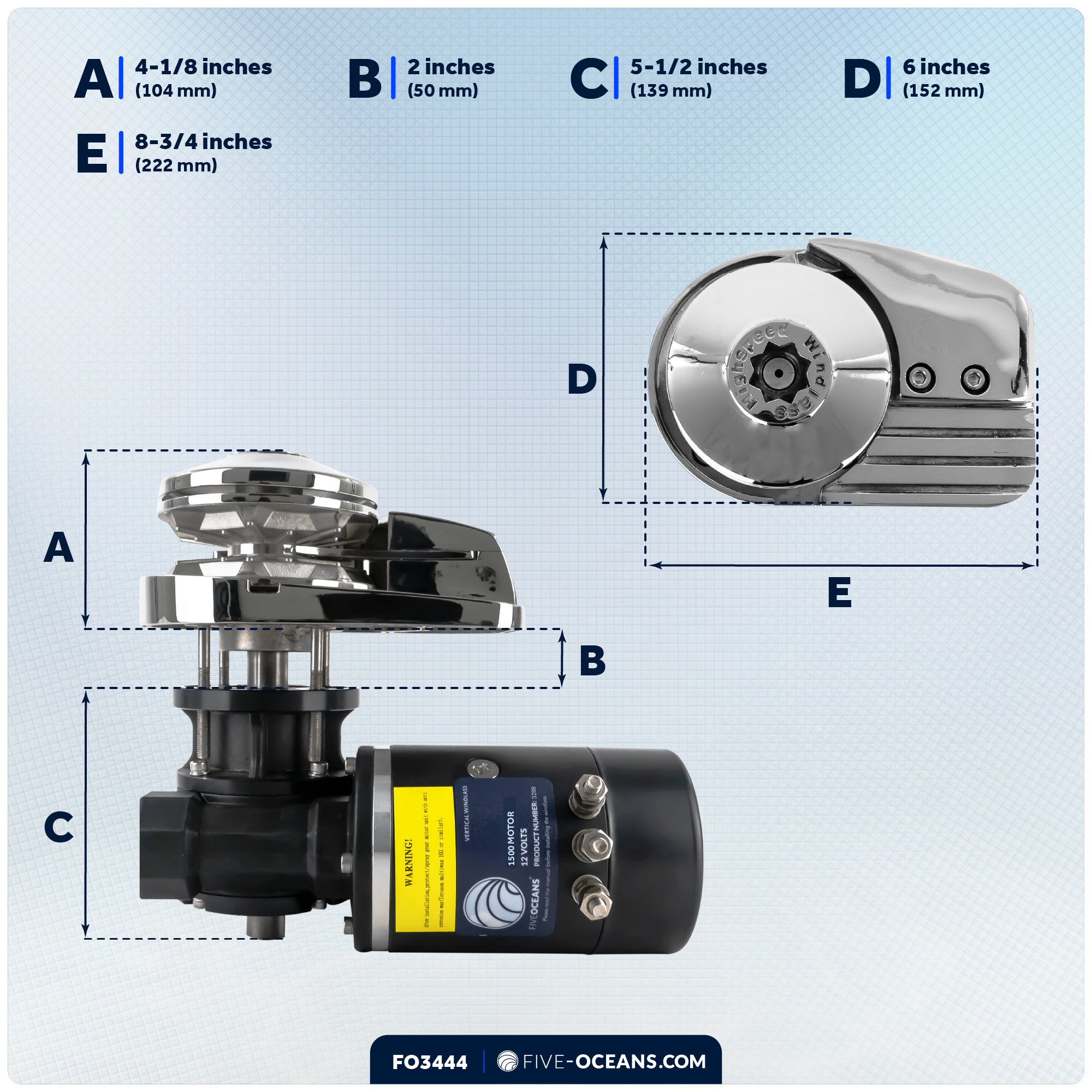 Pacific Windlass Kit - Compatible with 3/8" HTG4 Chain & 5/8" Rope, Vertical 1500W 12V DC - FO3444