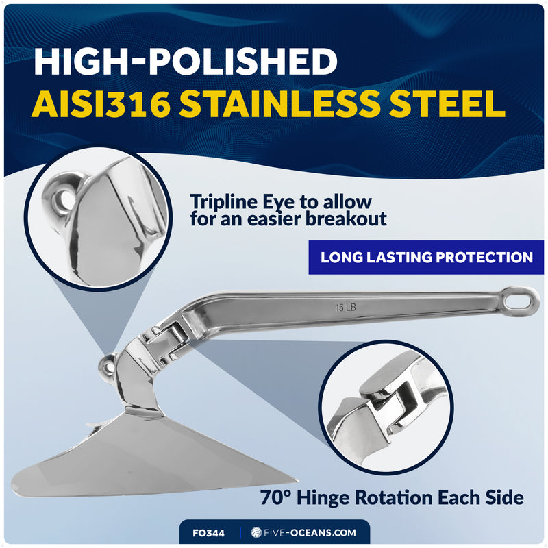 15.5 Lb. CQR Style Plow Anchor, AISI316 Stainless Steel