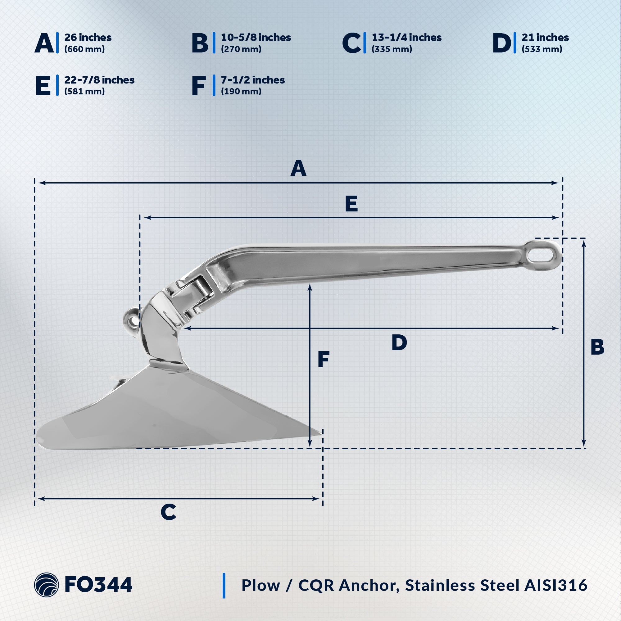 CQR Style Plow Anchor,  15.5 Lb / 7 Kg, Stainless Steel - FO344