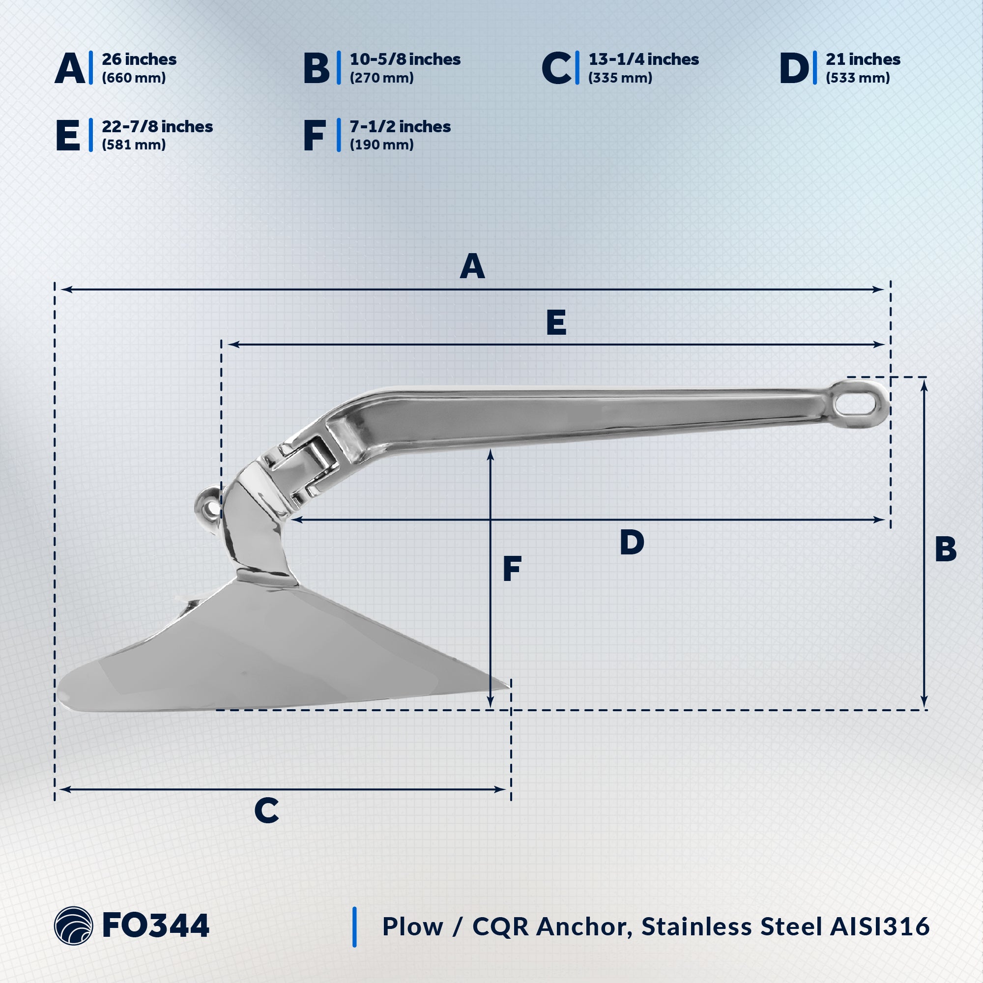 CQR Style Plow Anchor,  15.5 Lb, Stainless Steel - FO344 - Five Oceans
