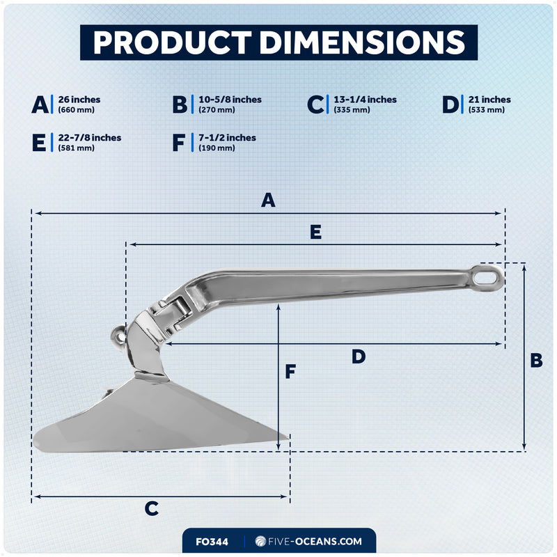 15.5 Lb. CQR Style Plow Anchor, AISI316 Stainless Steel