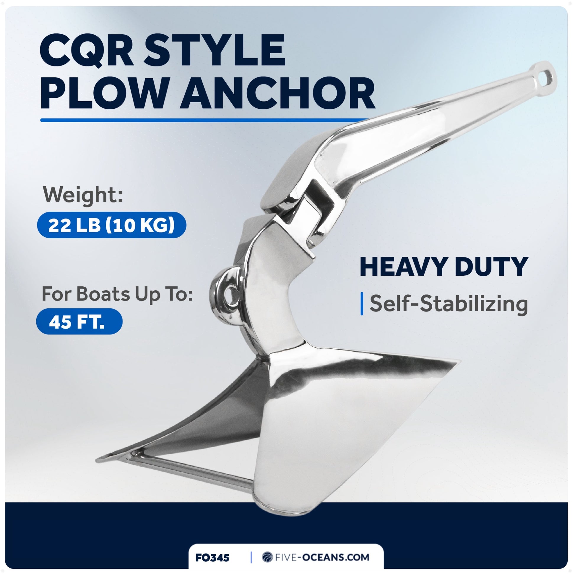 CQR Style Plow Anchor,  22 Lb, Stainless Steel - FO345 - Five Oceans