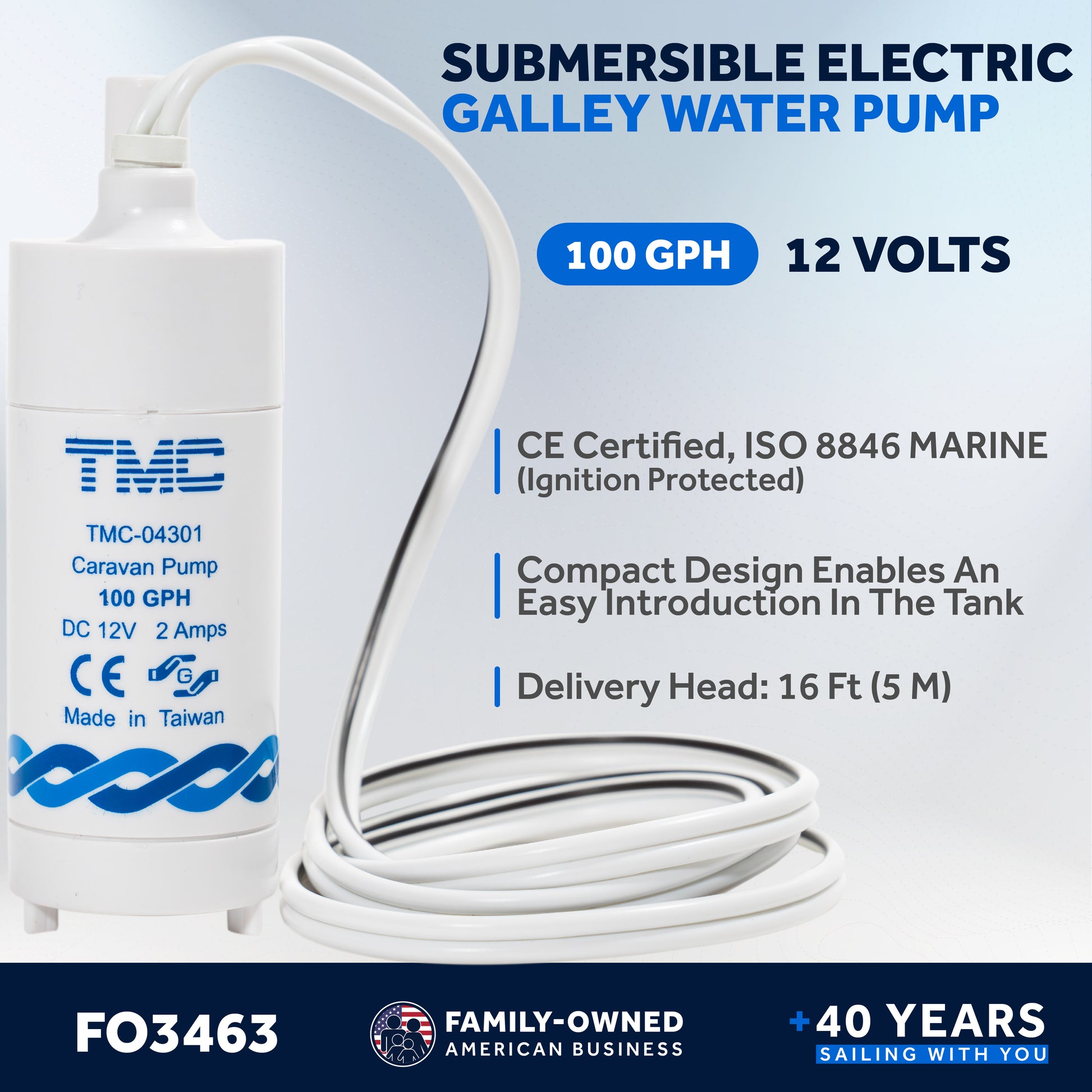 100 GPH (378 LPH) Submersible Electric Galley Water Pump, 12V - FO-3463 - Five Oceans