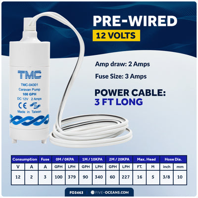TMC 100 GPH (378 LPH) Submersible Electric Galley Water Pump, 12V
