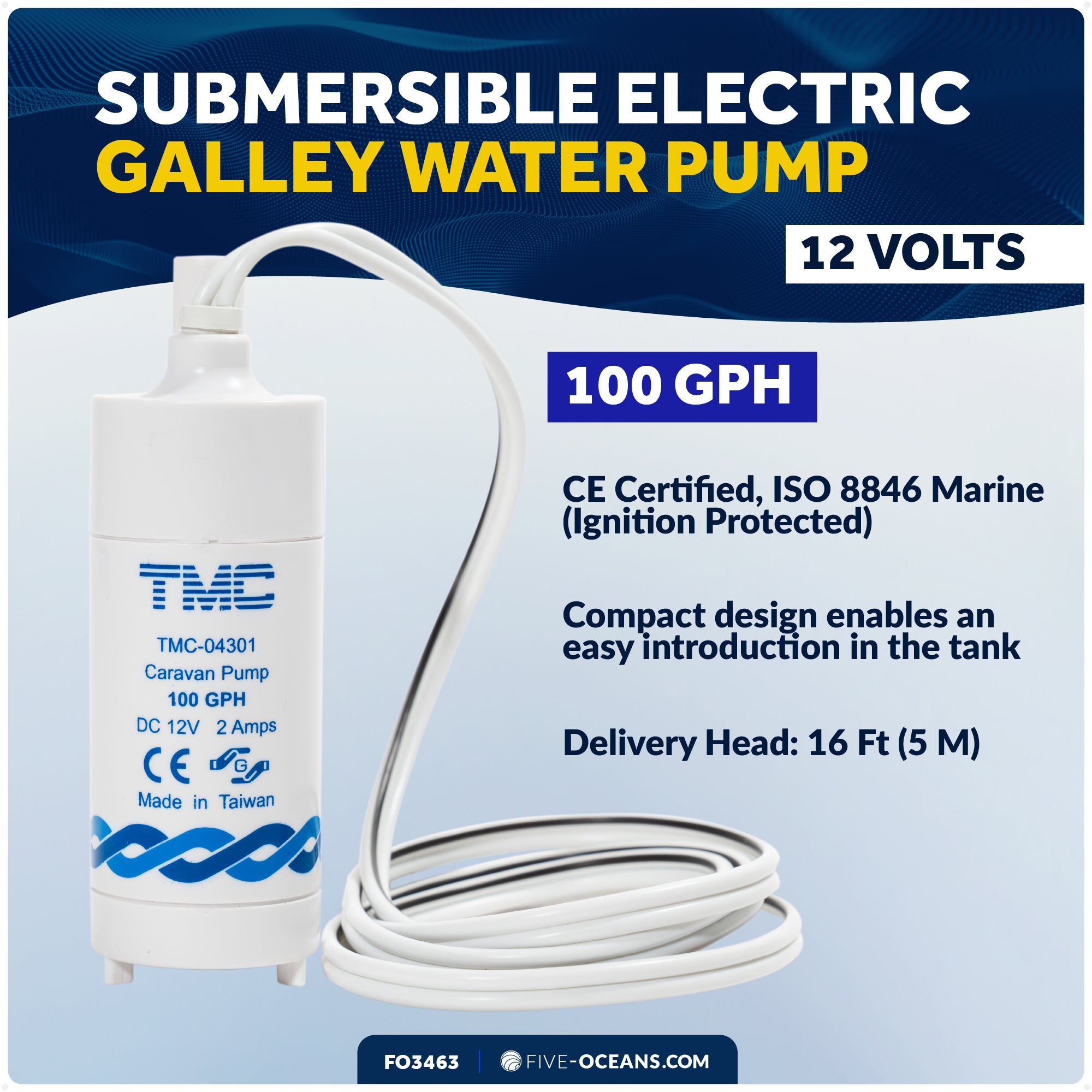 TMC 100 GPH (378 LPH) Submersible Electric Galley Water Pump, 12V - FO-3463