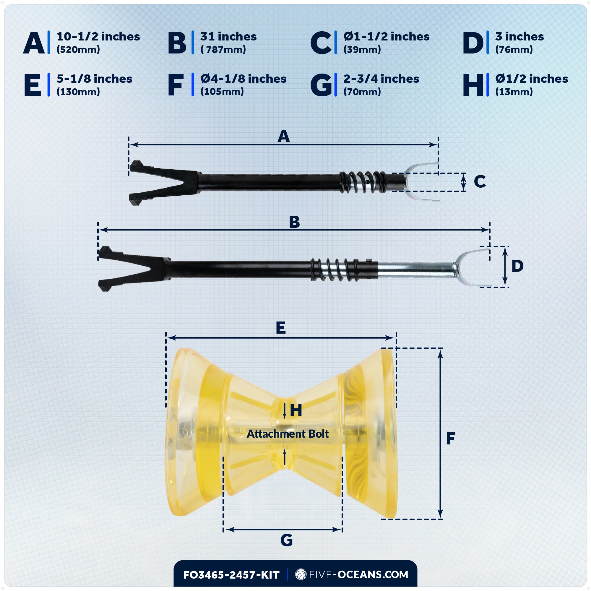 Adjustable Transom Saver for Outboard Motors Up to 200 HP with 3" Boat Trailer Bow Roller - FO3465-2457-KIT - Five Oceans