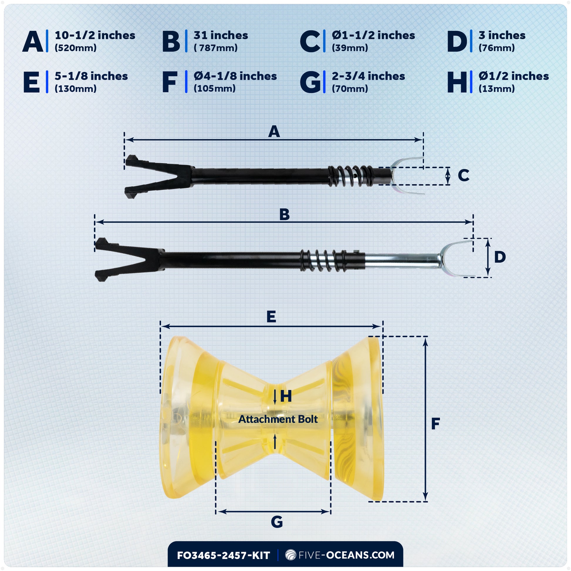 Adjustable Transom Saver & 3" Trailer Bow Roller Kit - FO3465-2457-KIT - Five Oceans