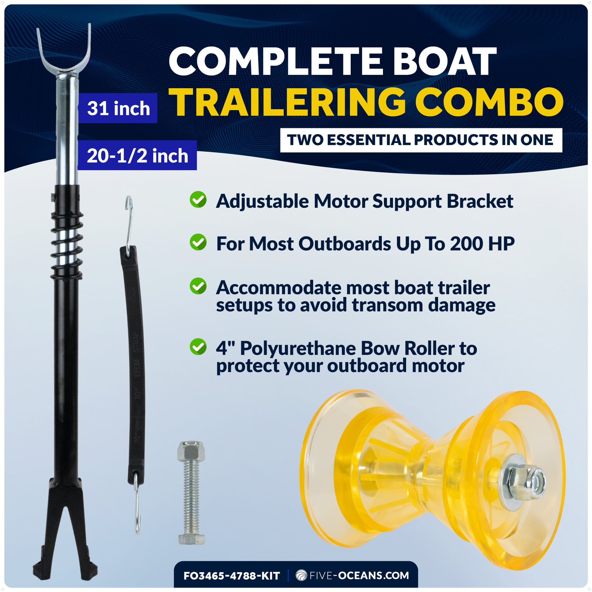 Adjustable Transom Saver for Outboard Motors Up to 200 HP with 4" Boat Trailer Bow Roller - FO3465-4788-KIT - Five Oceans