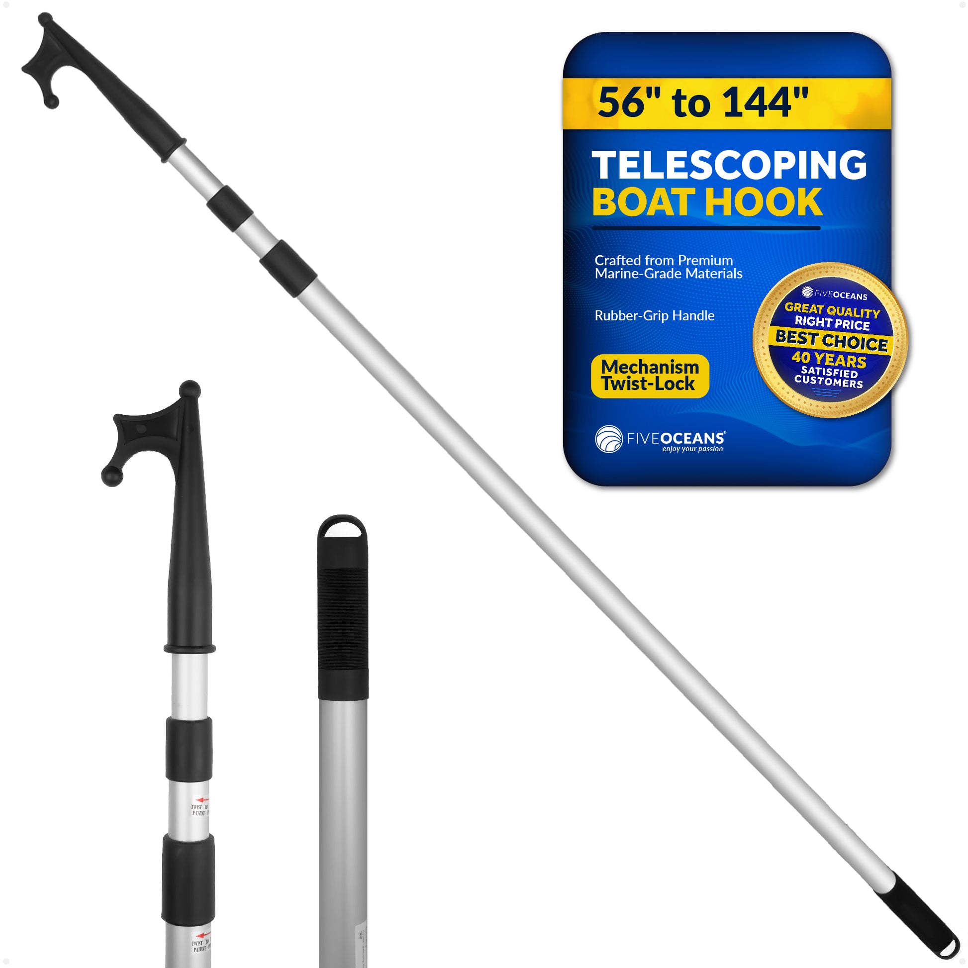 Telescoping Boat Hook,  Extends from 56" to 144" - FO3466 - Five Oceans