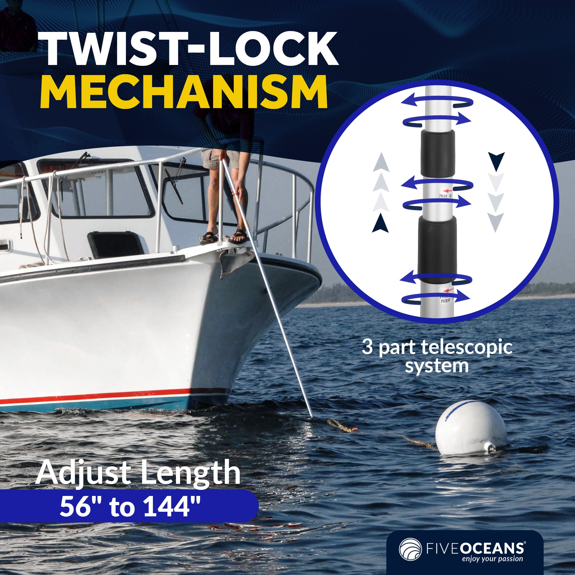 Telescoping Boat Hook,  Extends from 56" to 144" - FO3466 - Five Oceans