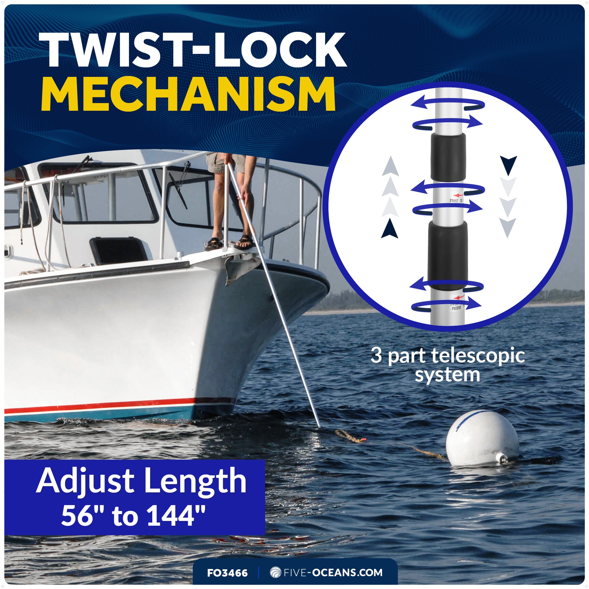 Telescoping Boat Hook,  Extends from 56" to 144" - FO3466 - Five Oceans