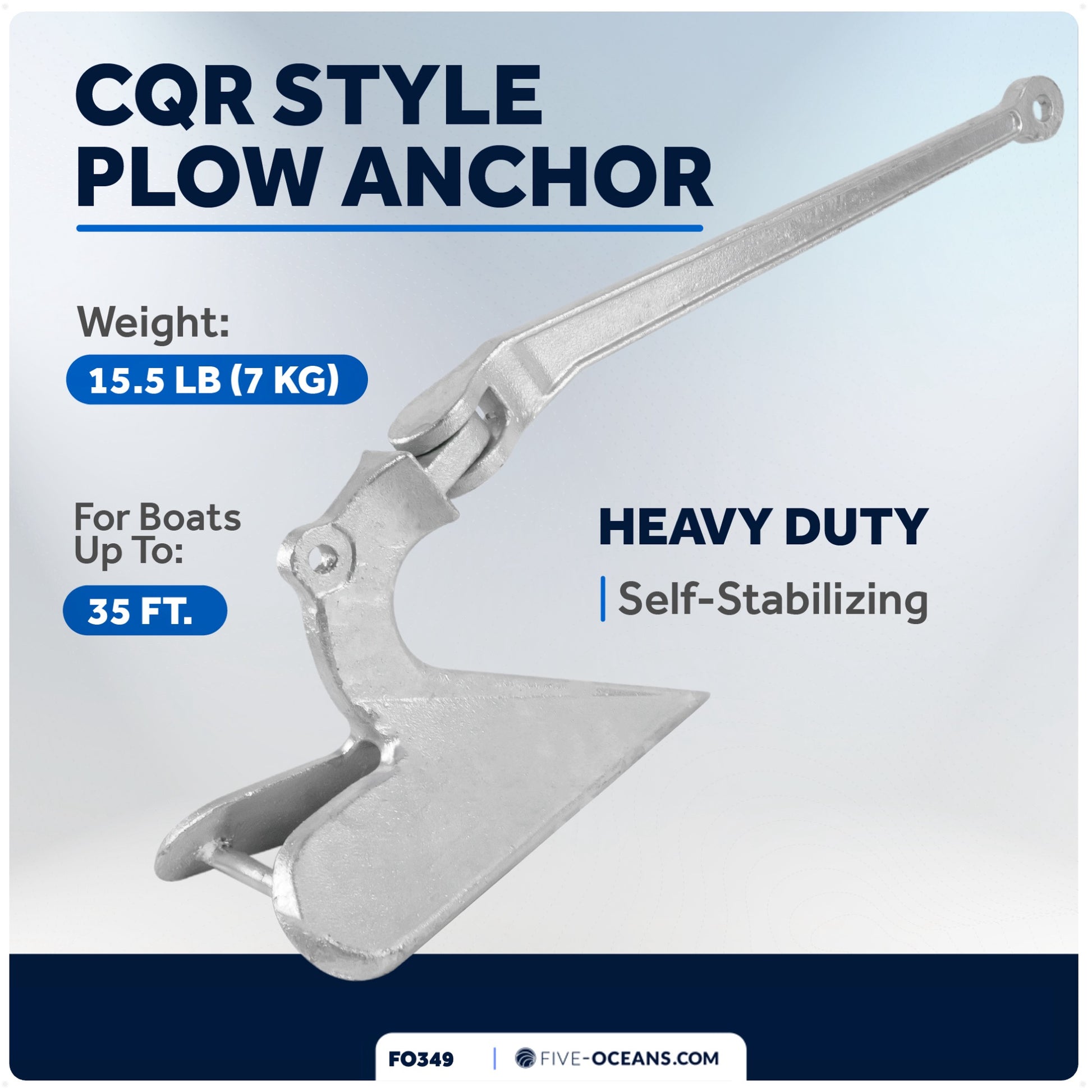 CQR Style Plow Anchor,  15.5 Lb, Hot Dipped Galvanized Steel - FO349 - Five Oceans