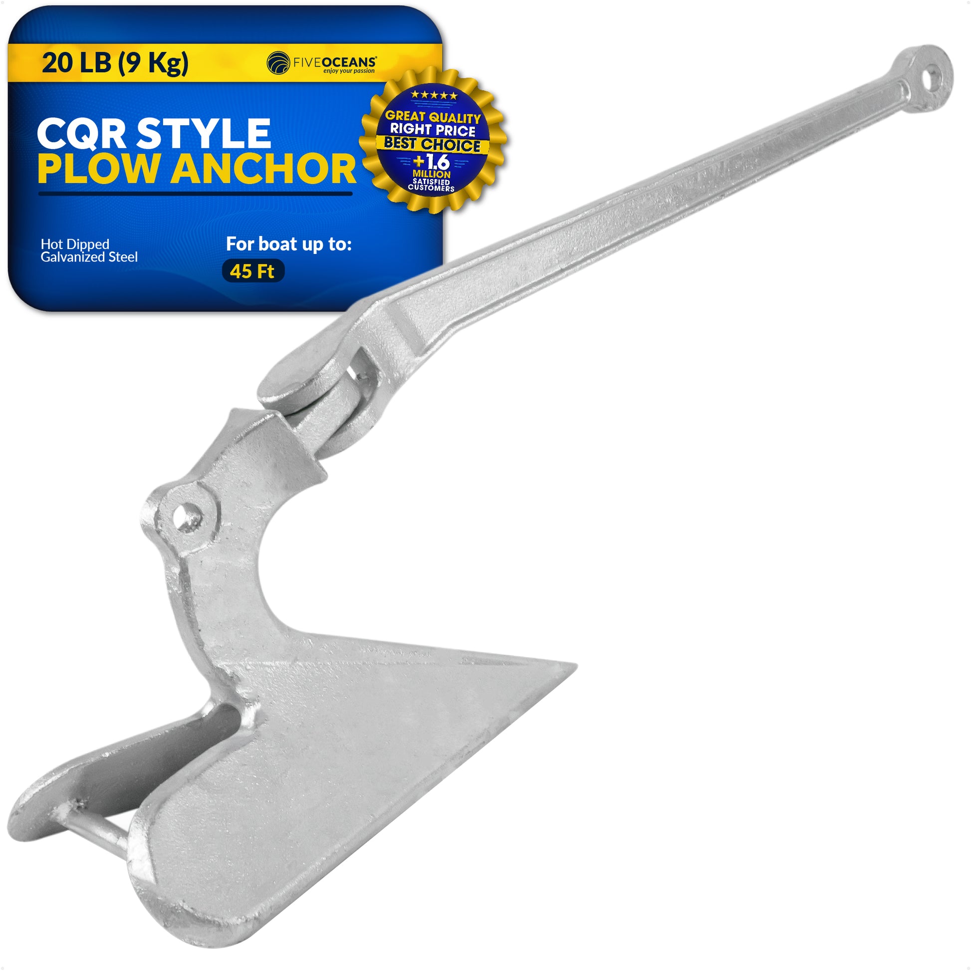 CQR Style Plow Anchor,  20 Lb, Hot Dipped Galvanized Steel - FO350 - Five Oceans