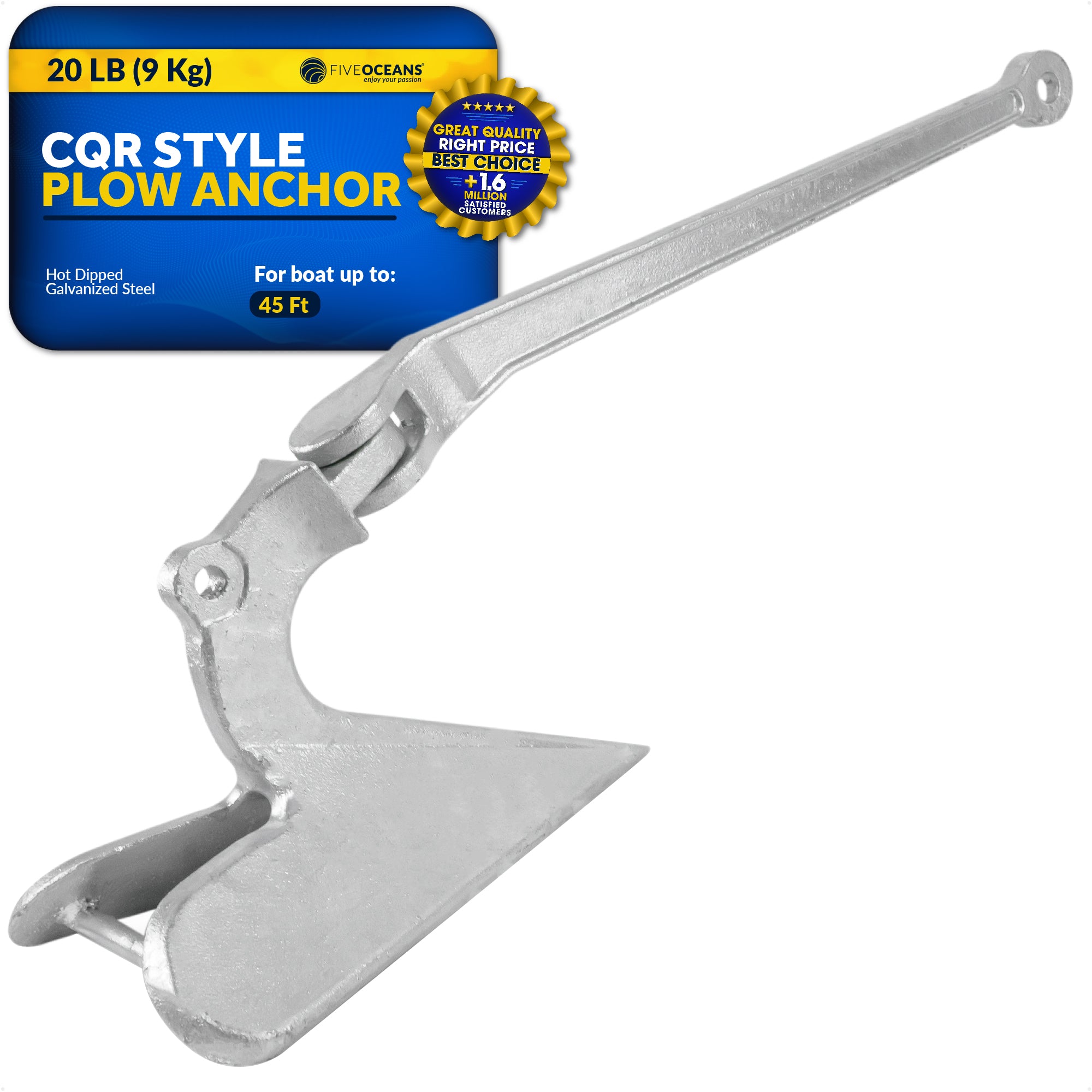 CQR Style Plow Anchor,  20 Lb, Hot Dipped Galvanized Steel - FO350 - Five Oceans