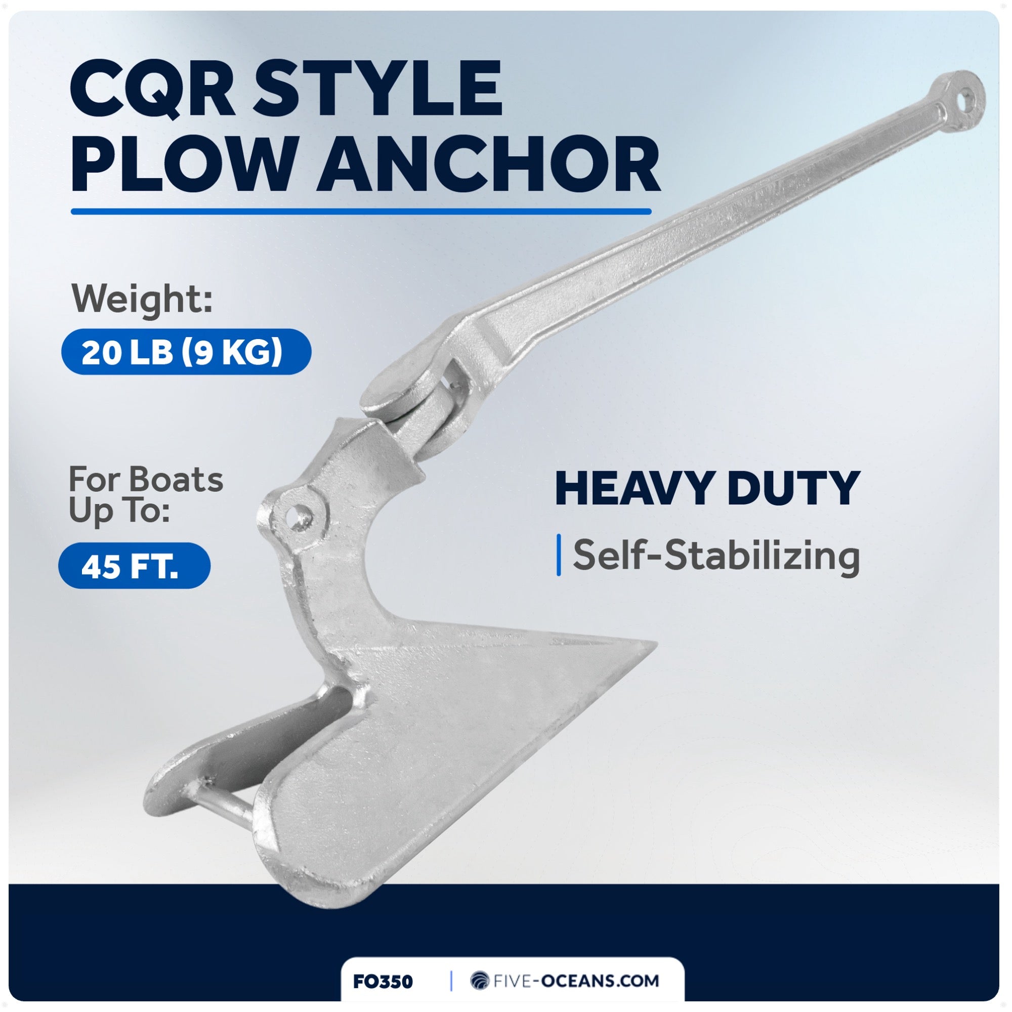CQR Style Plow Anchor,  20 Lb, Hot Dipped Galvanized Steel - FO350 - Five Oceans