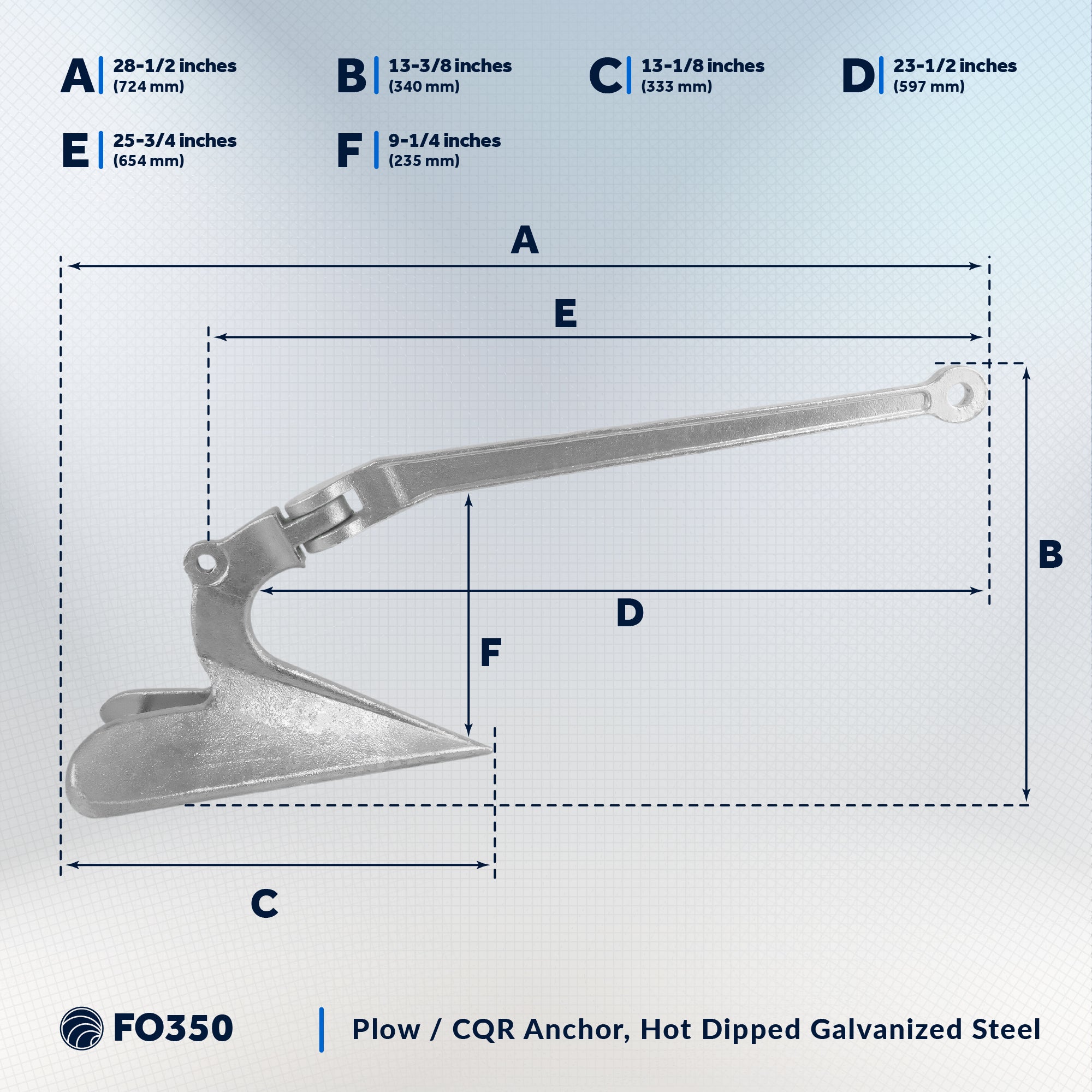 CQR Style Plow Anchor,  20 Lb, Hot Dipped Galvanized Steel - FO350 - Five Oceans