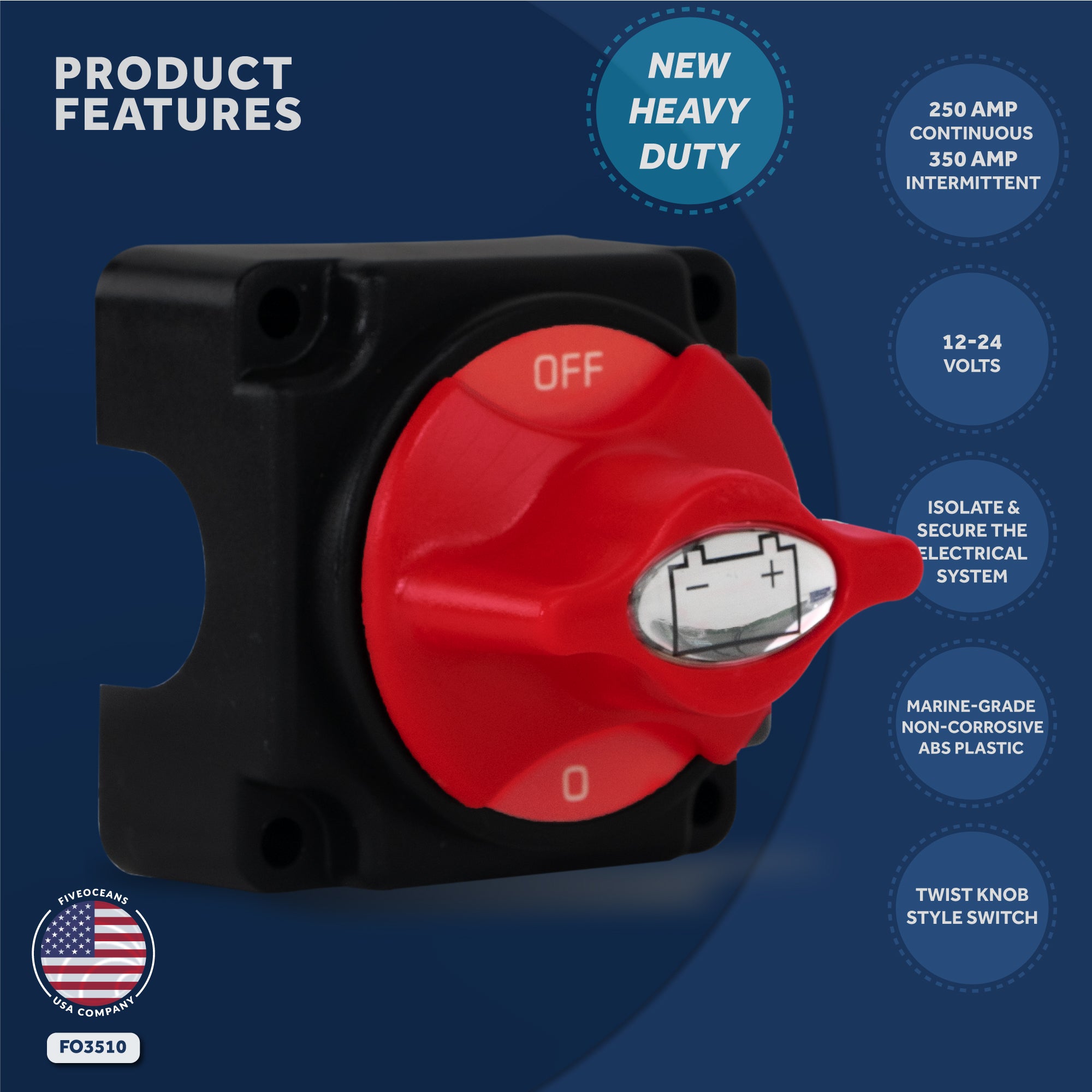 Battery Disconnect Switch On-Off, 250 Amp, 12-24 Volts - FO3510 - Five Oceans