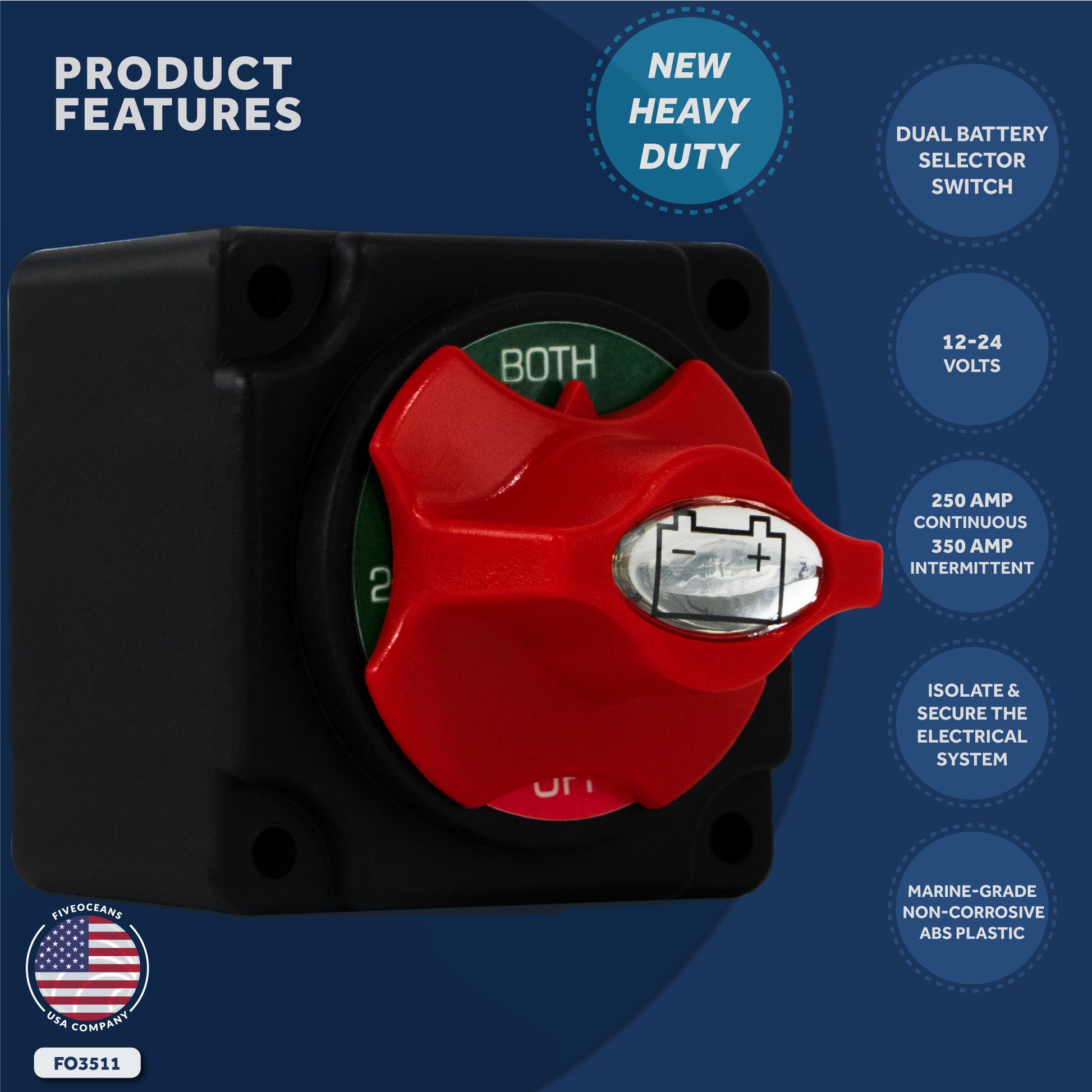 Dual Battery Disconnect Switch Off-1-2-Both, 250 Amp, 12-24 Volts - FO3511 - Five Oceans