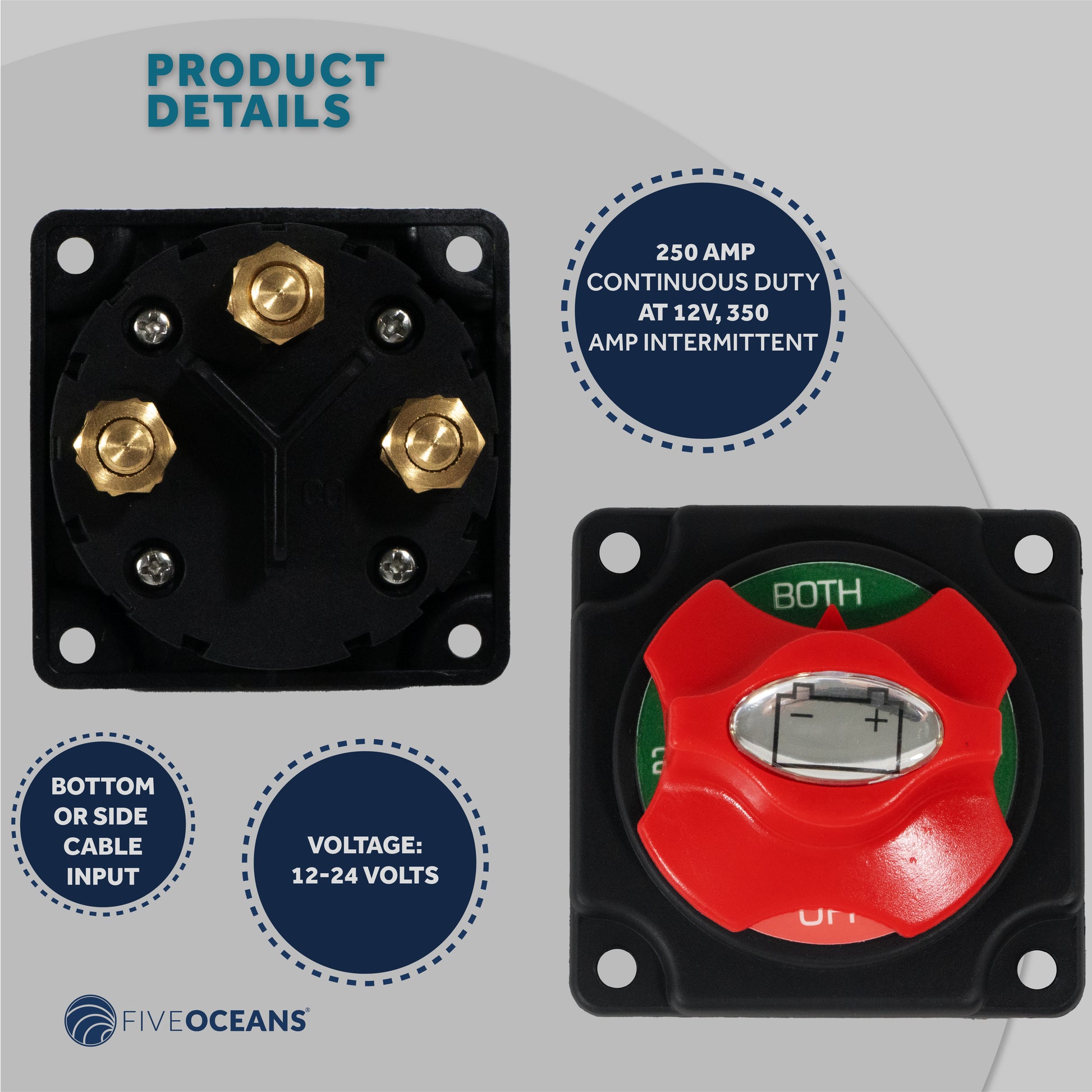 Dual Battery Disconnect Switch Off-1-2-Both, 250 Amp, 12-24 Volts - FO3511 - Five Oceans