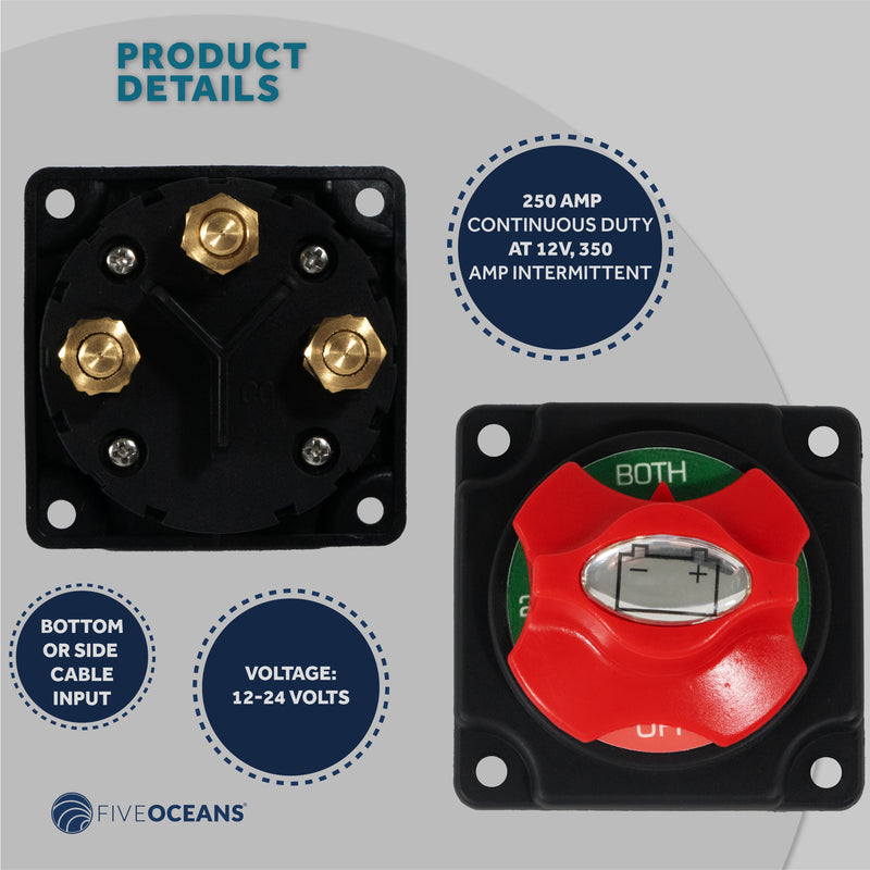 Dual Battery Disconnect Switch Off-1-2-Both, 250 Amp, 12-24 Volts - FO3511 - Five Oceans
