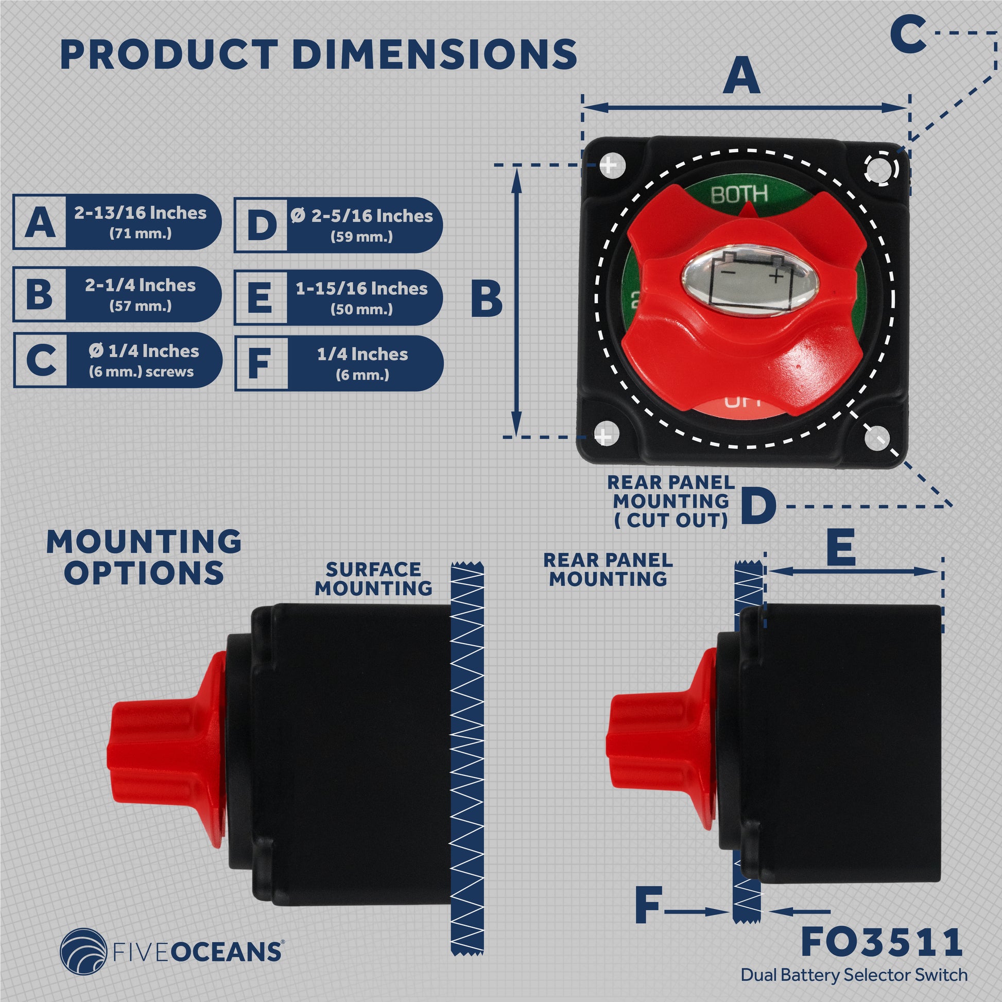 Dual Battery Disconnect Switch Off-1-2-Both, 250 Amp, 12-24 Volts - FO3511 - Five Oceans