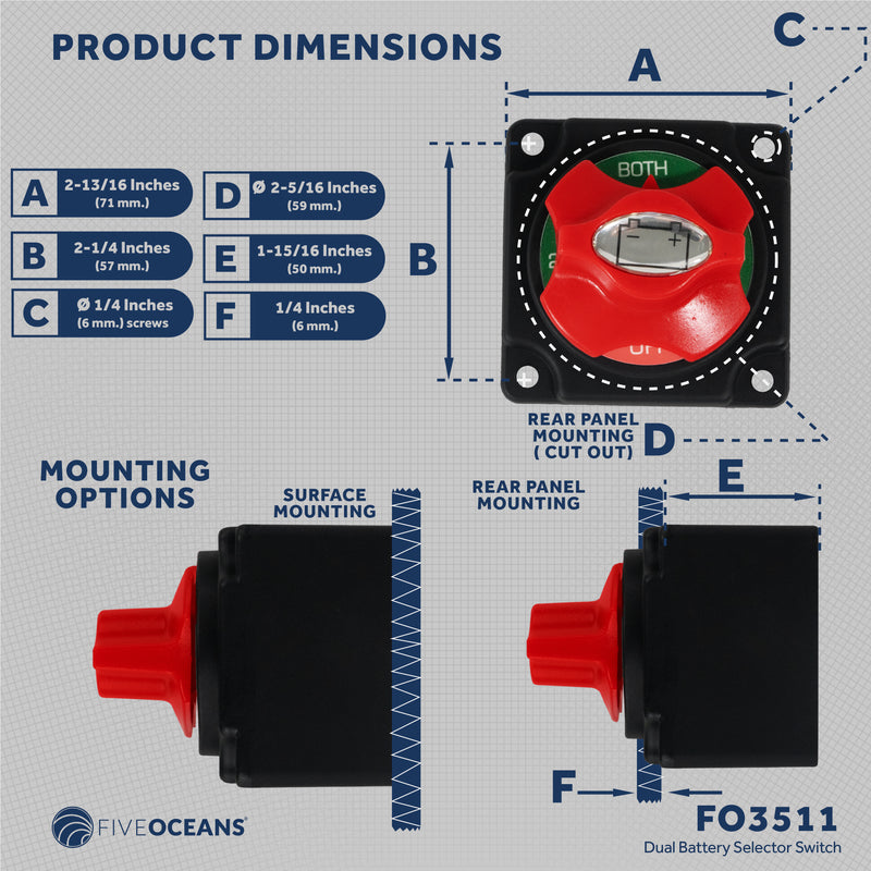 Dual Battery Disconnect Switch Off-1-2-Both, 250 Amp, 12-24 Volts - FO3511 - Five Oceans