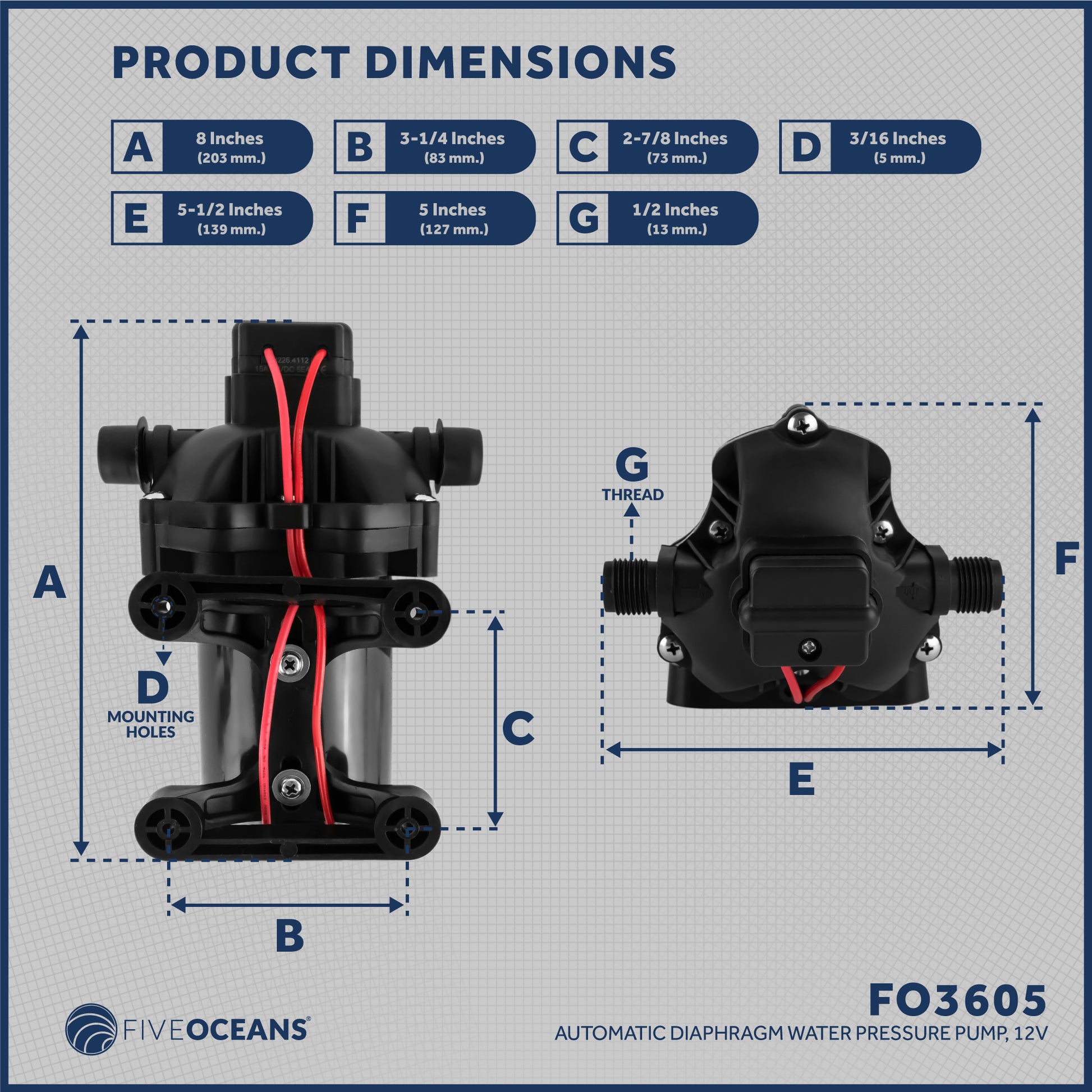 Automatic Diaphragm Water Pump, 3.0 GPM / 11.3 LPM, 45PSI, 12V DC - FO3605 - Five Oceans