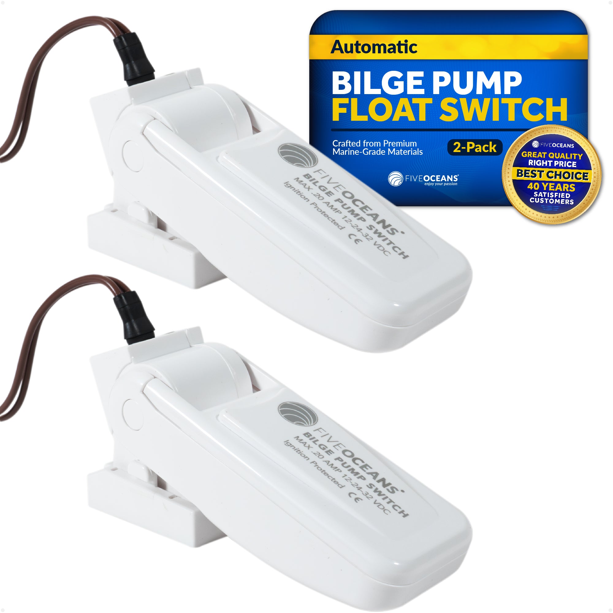 12-24-32-Volts Automatic Bilge Pump Float Switch, Heavy-Duty, Mercury Free, 20-Amps Max, 2-Pack - FO3610-M2 - Five Oceans