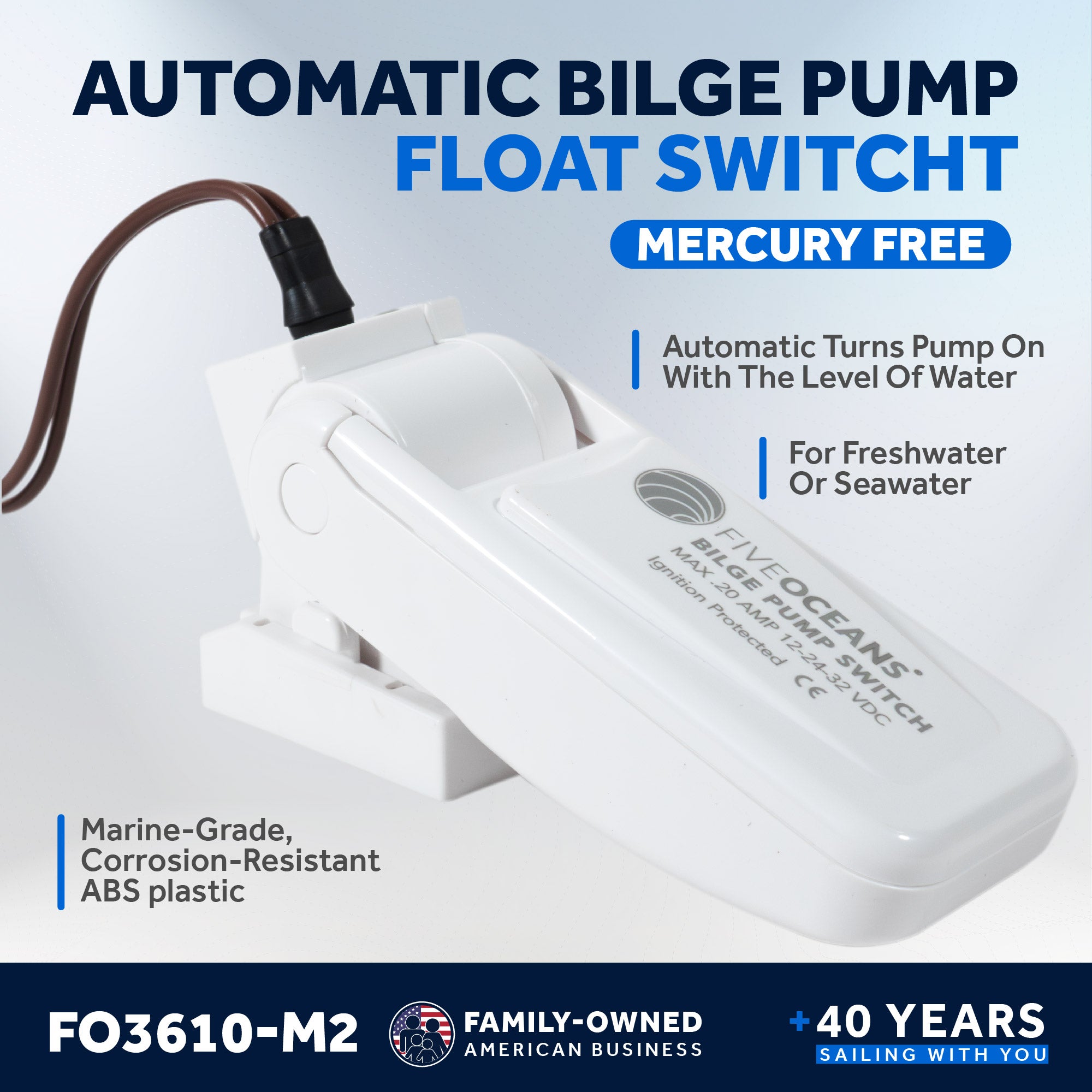 12-24-32-Volts Automatic Bilge Pump Float Switch, Heavy-Duty, Mercury Free, 20-Amps Max, 2-Pack - FO3610-M2 - Five Oceans