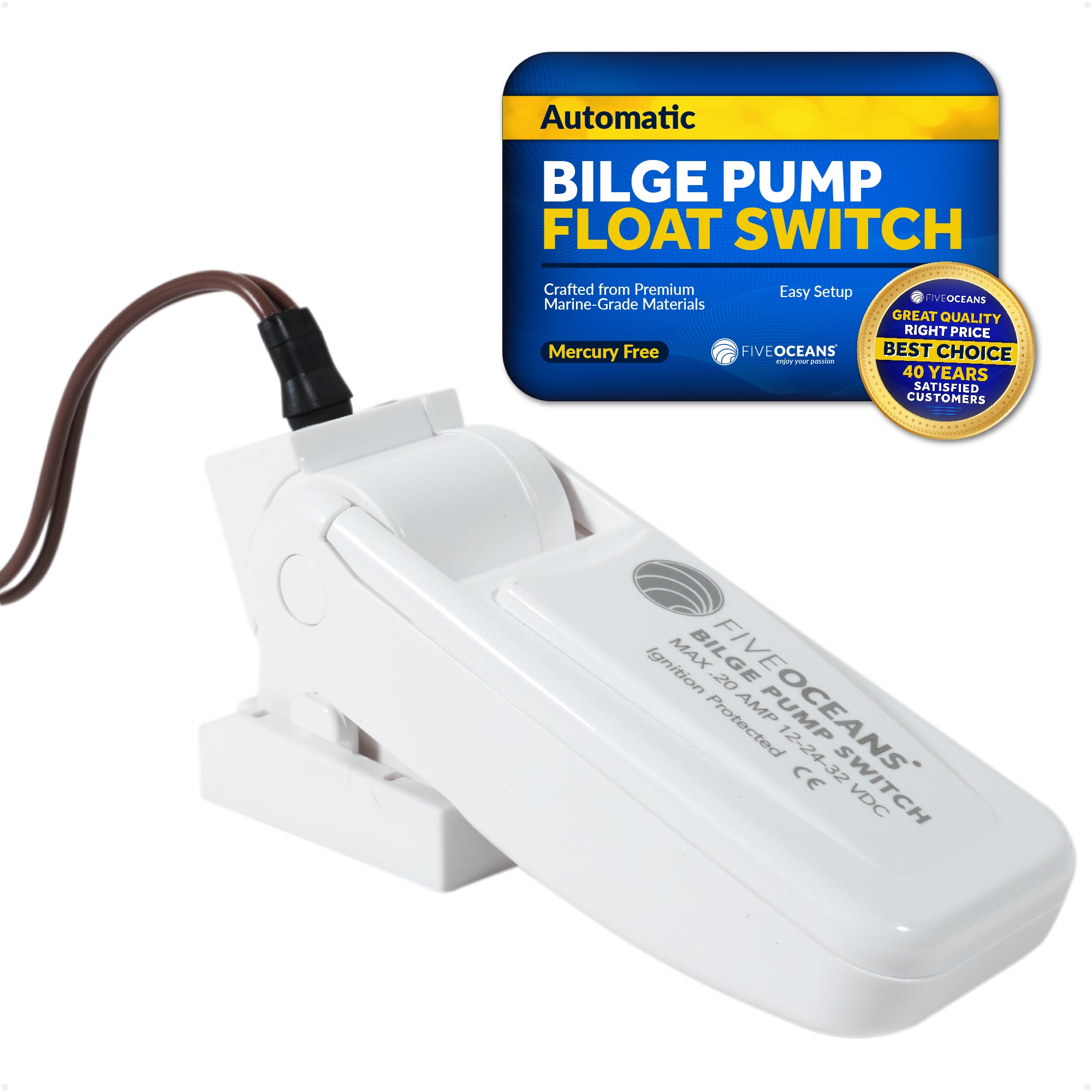 12-24-32-Volts Automatic Bilge Pump Float Switch, Heavy-Duty, Mercury Free, 20-Amps Max - FO3610 - Five Oceans