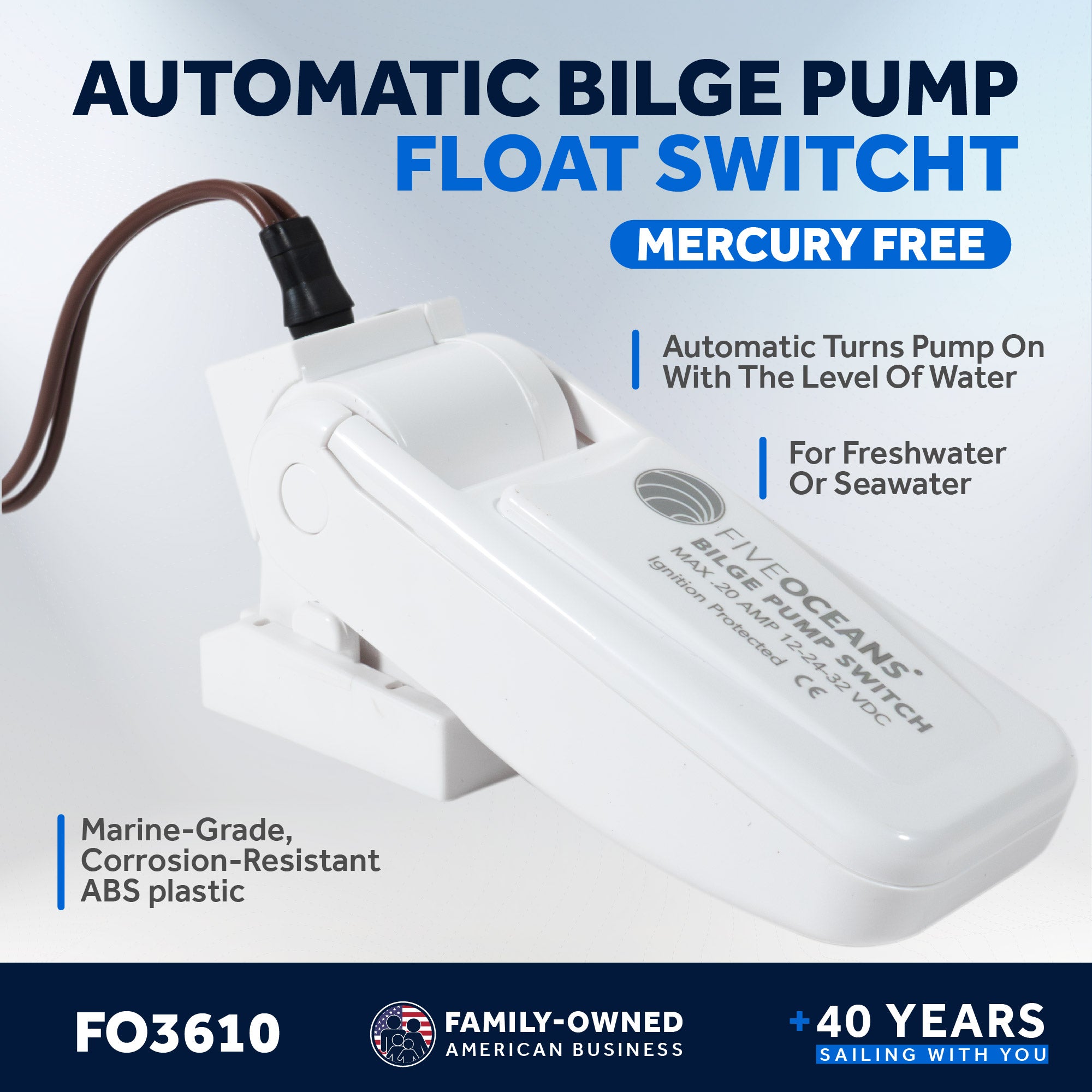 12-24-32-Volts Automatic Bilge Pump Float Switch, Heavy-Duty, Mercury Free, 20-Amps Max - FO3610 - Five Oceans