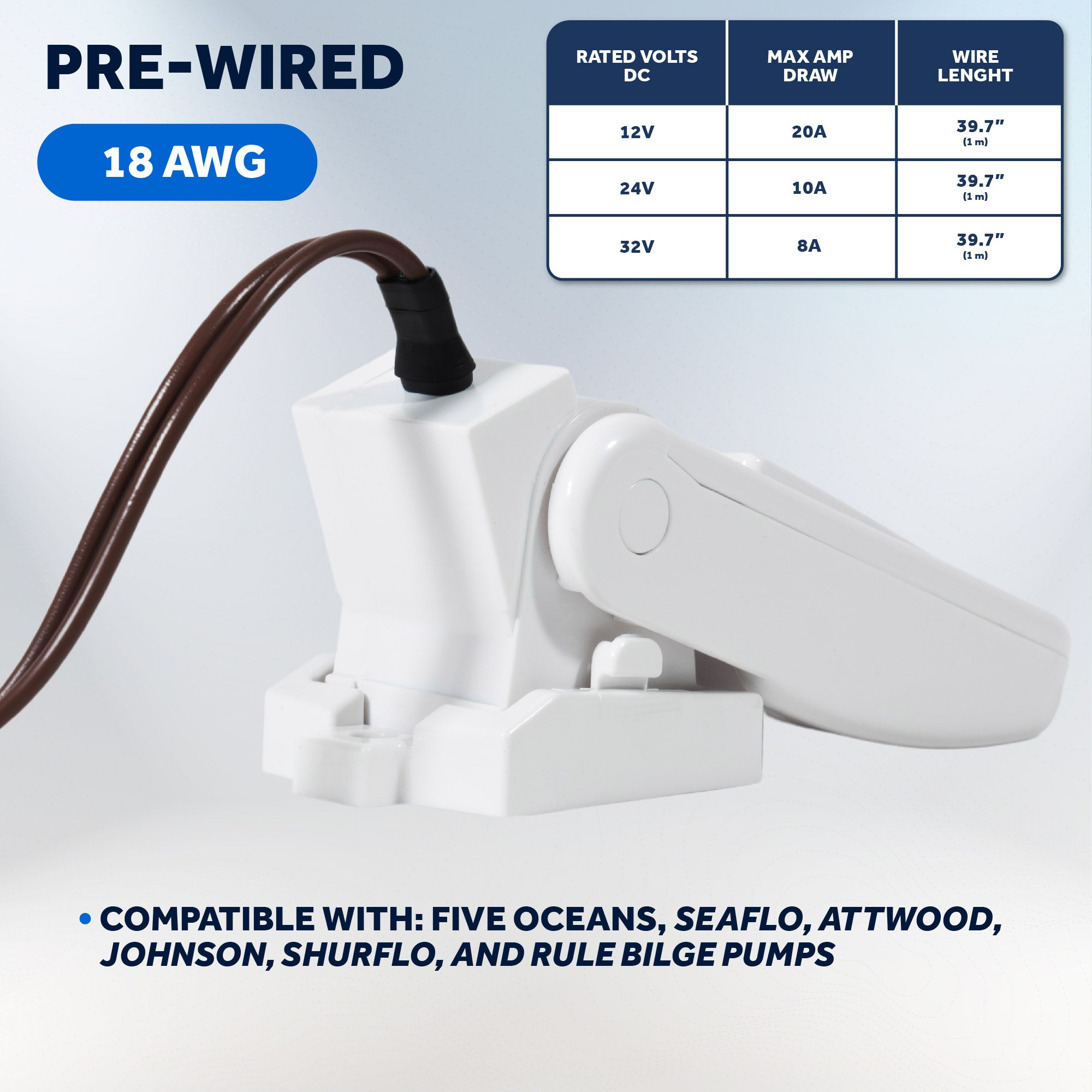 12-24-32-Volts Automatic Bilge Pump Float Switch, Heavy-Duty, Mercury Free, 20-Amps Max - FO3610 - Five Oceans
