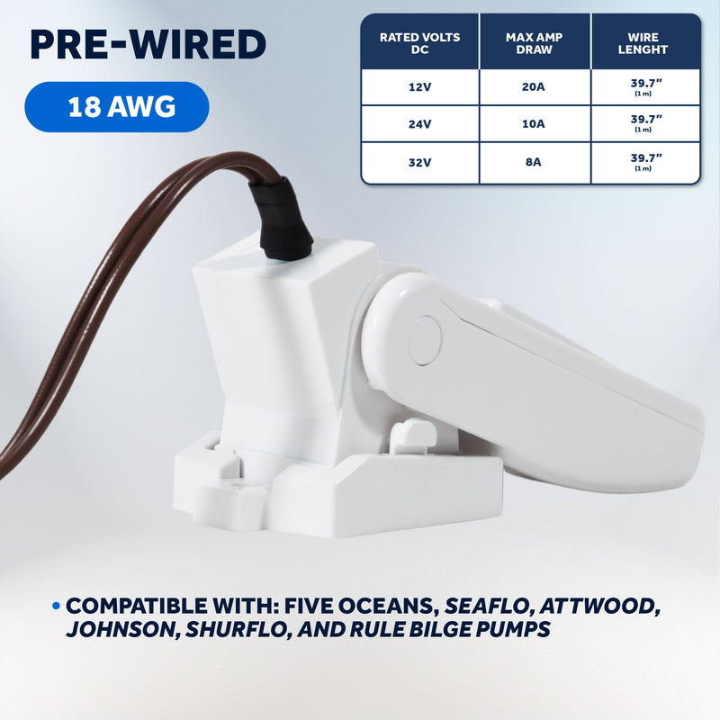 Automatic Bilge Pump Float Switch 12/24/32V - Mercury-Free, 20A Max - FO3610 - Five Oceans