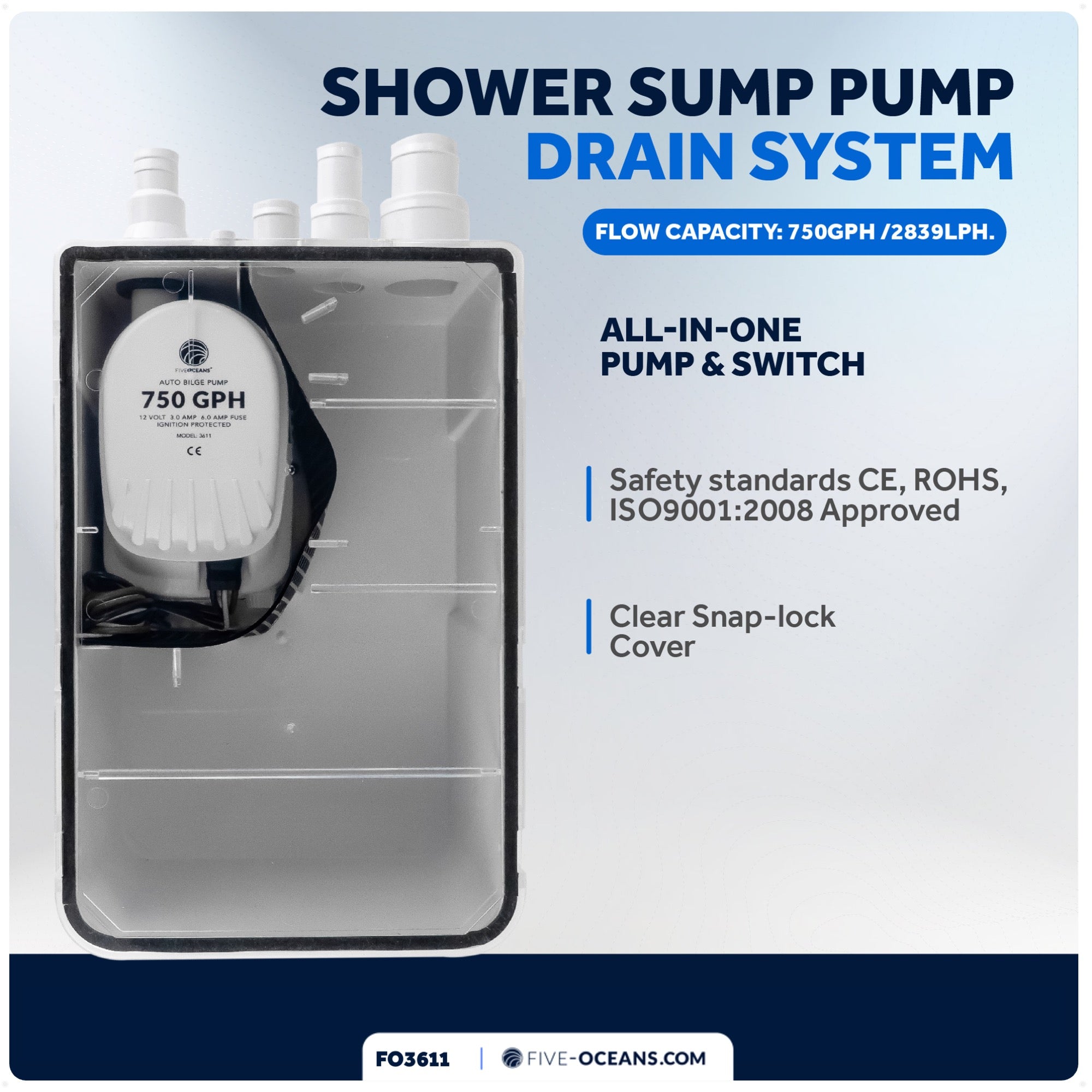 Shower Sump Pump Drain System Kit, 750 GPH, 12V - FO3611 - Five Oceans