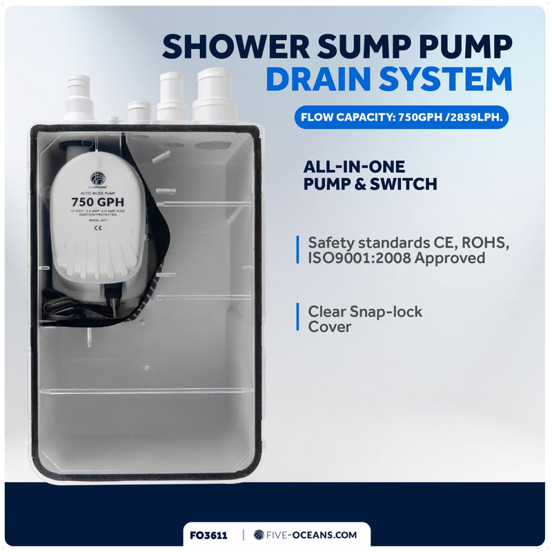Shower Sump Pump Drain System Kit 12V - 750 GPH - FO3611 - Five Oceans