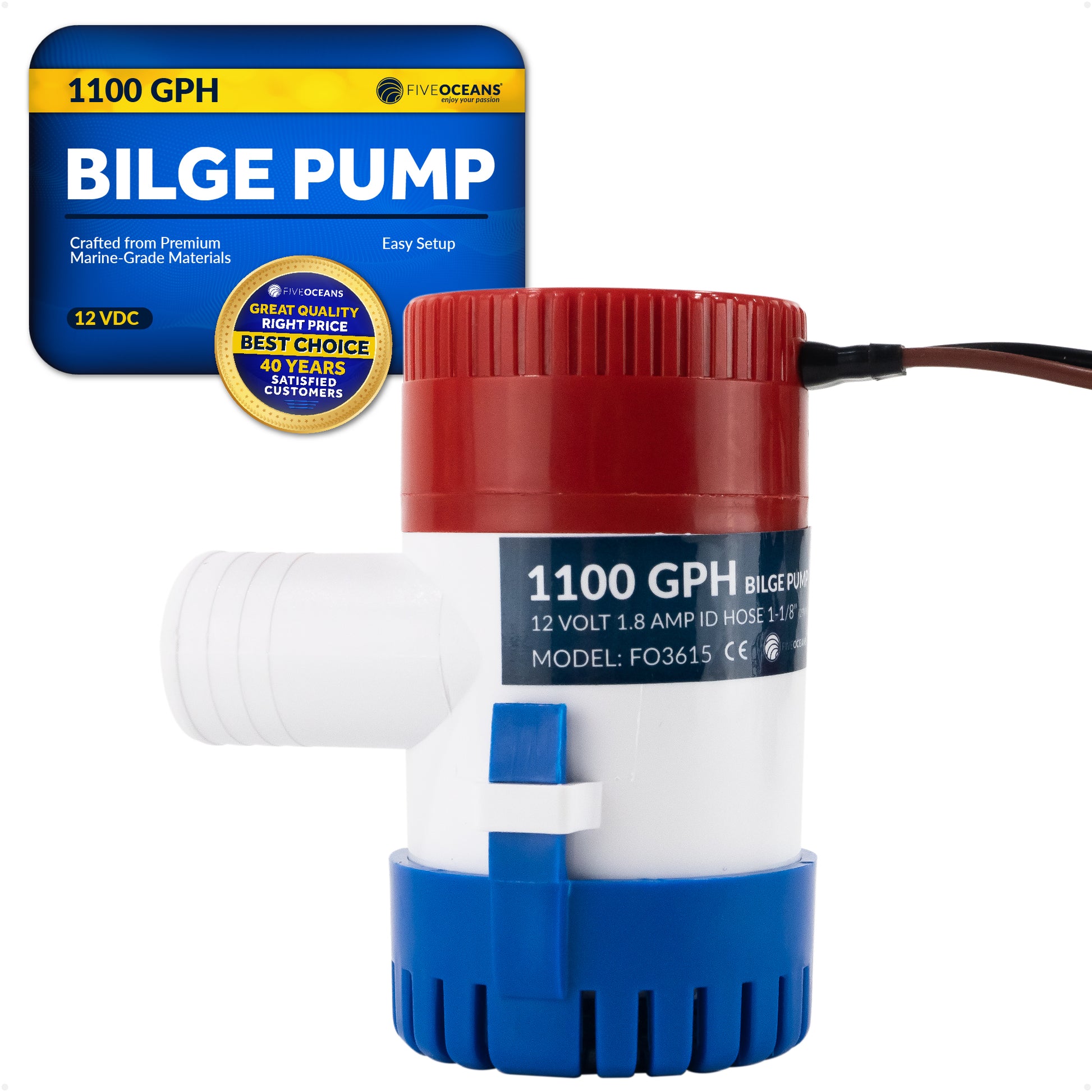 1100 GPH / 4164 LPH Bilge Pump 12V , 1-1/8" (29mm) Interior Diameter Hose, 41" 14-Gauge Wire - FO3615 - Five Oceans