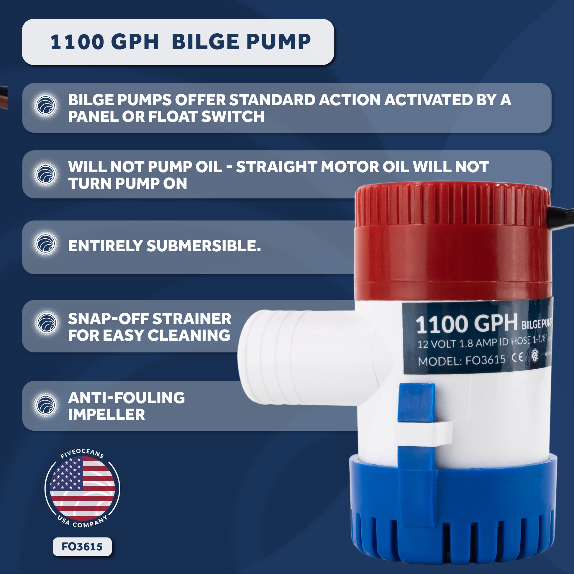 1100 GPH / 4164 LPH Bilge Pump 12V , 1-1/8" (29mm) Interior Diameter Hose, 41" 14-Gauge Wire - FO3615 - Five Oceans