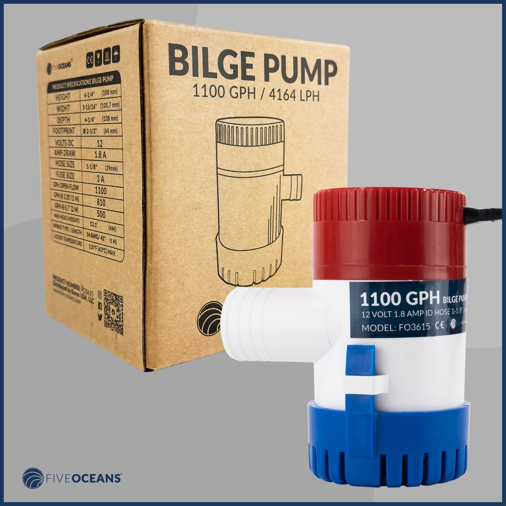 1100 GPH / 4164 LPH Bilge Pump 12V , 1-1/8" (29mm) Interior Diameter Hose, 41" 14-Gauge Wire - FO3615 - Five Oceans