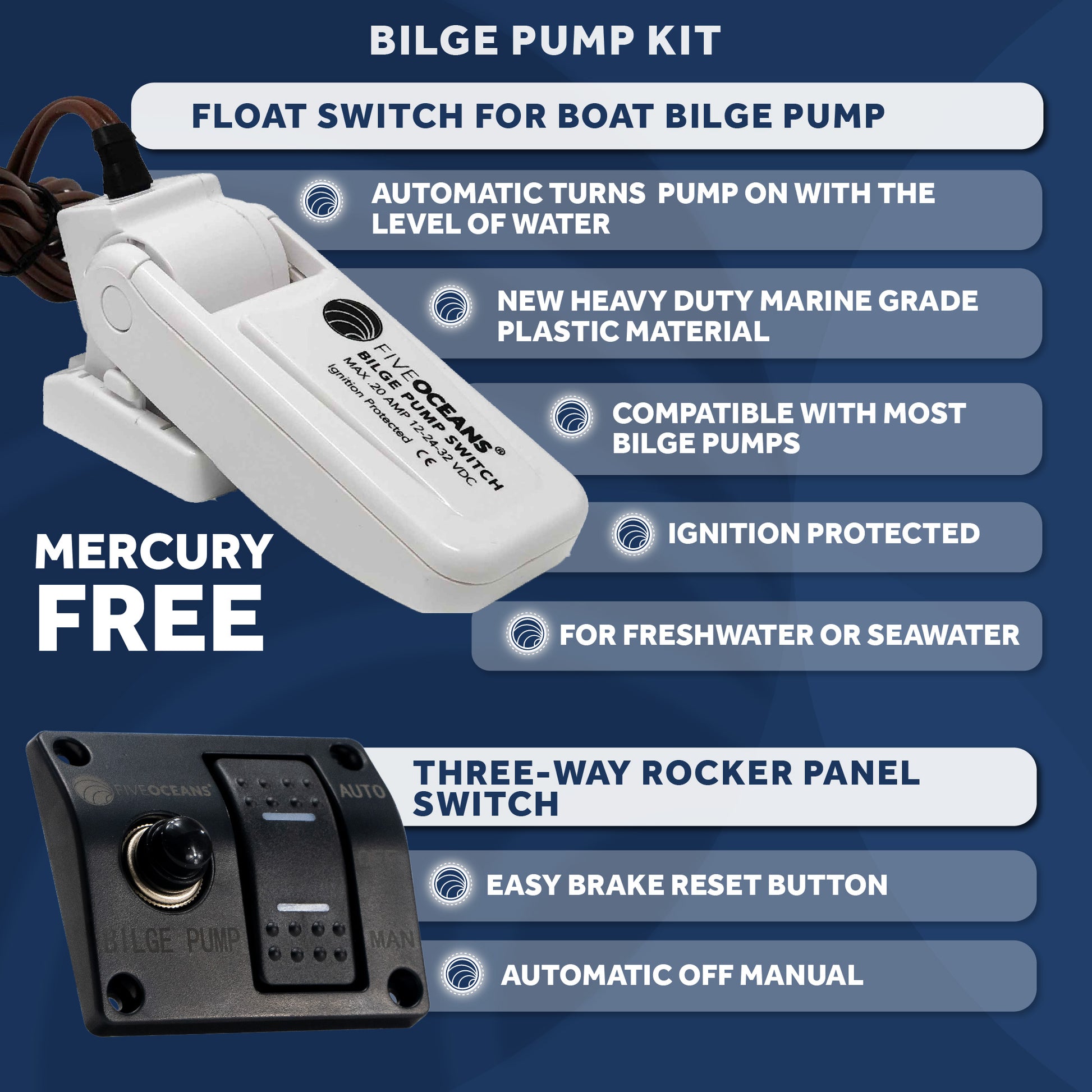 Bilge Pump Kit, 2000 GPH / 7571 LPH, Barbed 1-1/8" (29mm) Outlet Diameter, Float Switch and 3-Way Panel Switch, 12VDC - FO3616-C1 - Five Oceans
