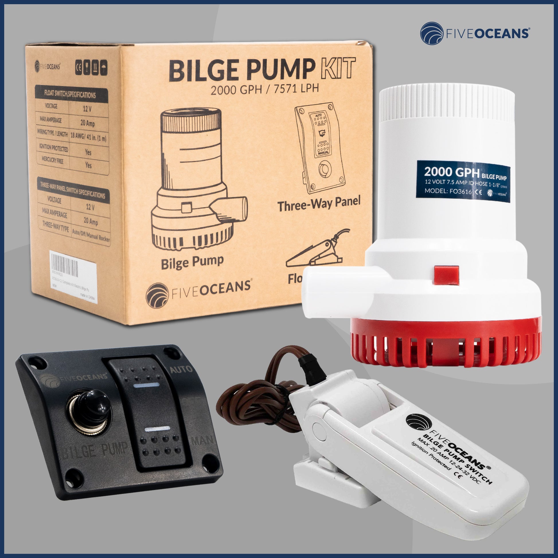 Bilge Pump Kit, 2000 GPH / 7571 LPH, Barbed 1-1/8" (29mm) Outlet Diameter, Float Switch and 3-Way Panel Switch, 12VDC - FO3616-C1 - Five Oceans
